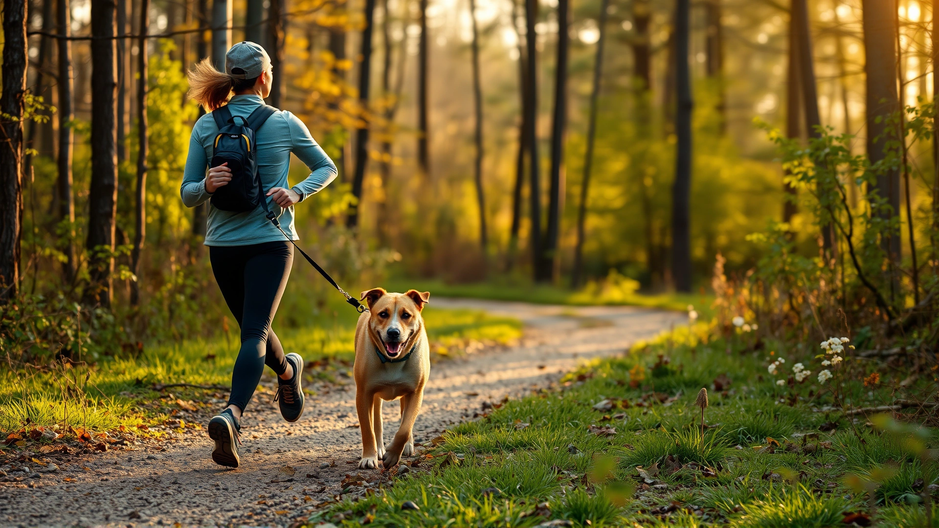 Owner jogging with a large breed dog along a forest trail during morning light.