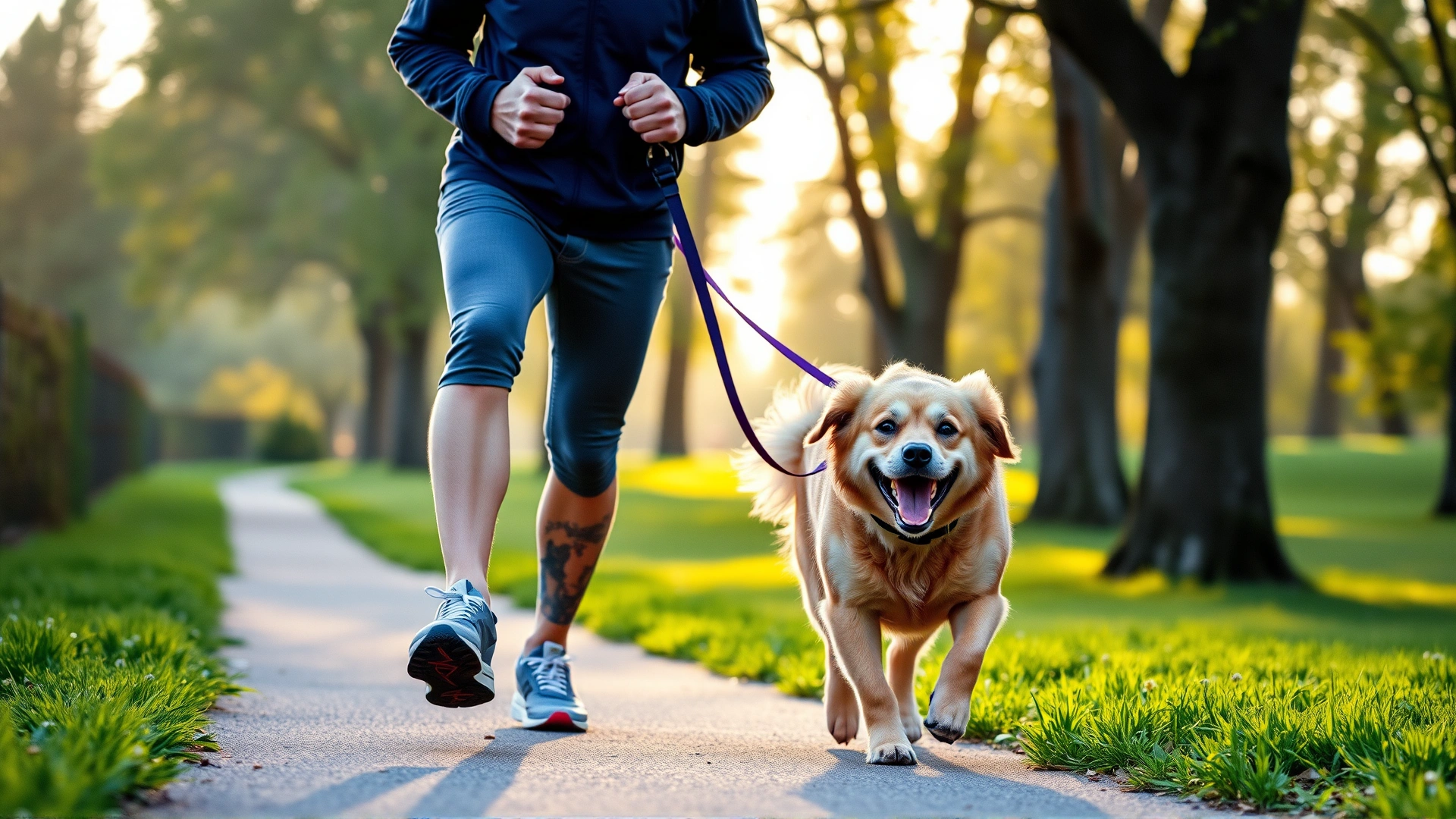 Owner jogging with an energetic dog on a leash along a green park trail in the morning light, both appearing active and happy, no text