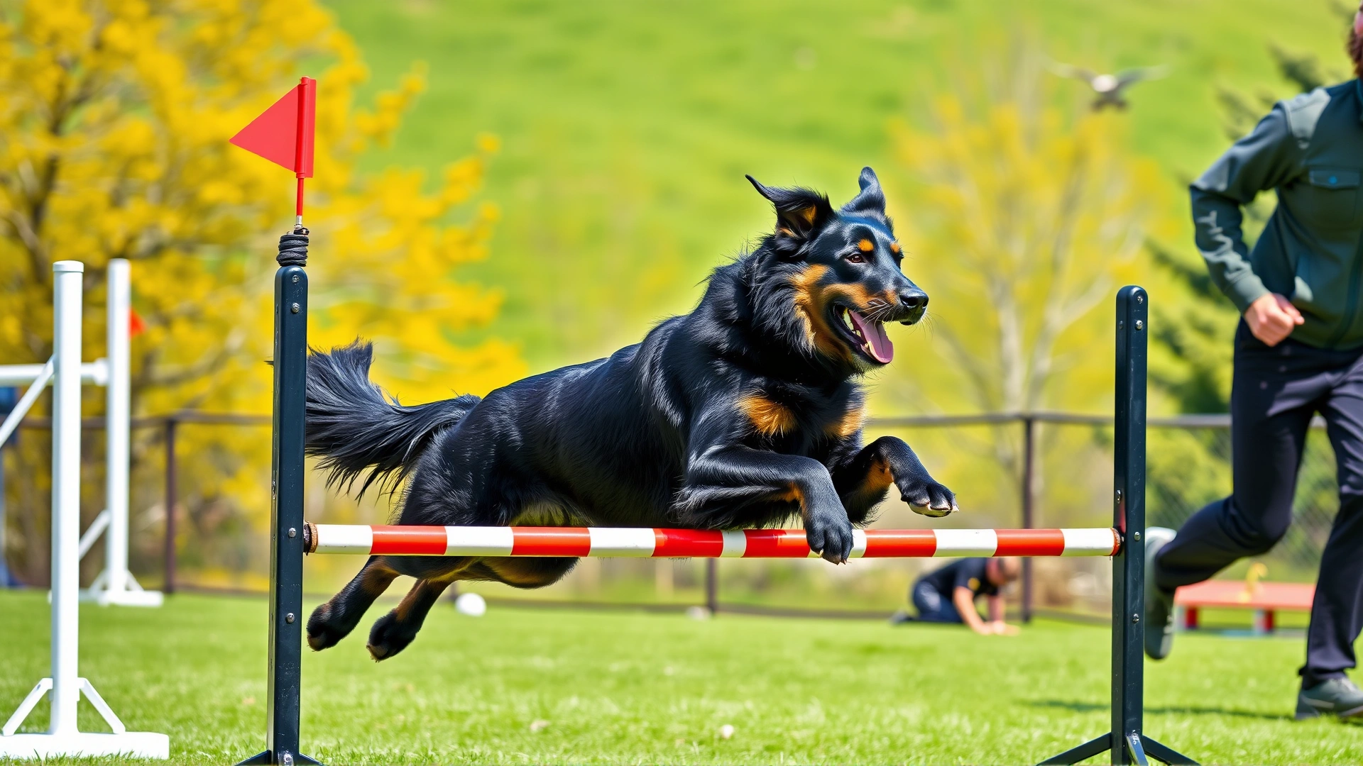 Athletic Beauceron mid-leap over an agility hurdle with its handler running beside, vibrant outdoor training ground.