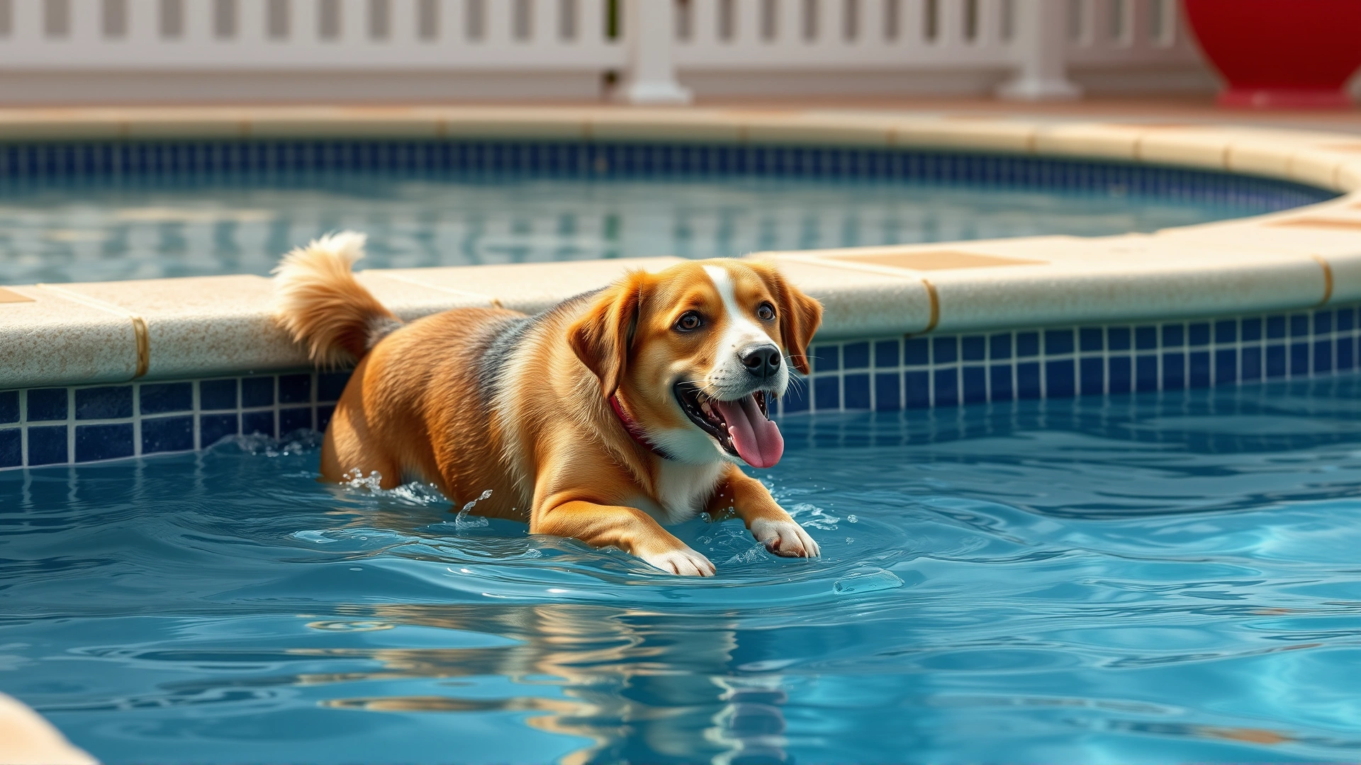Medium-sized dog confidently using a pool ramp to climb out of the water, emphasizing safe exits