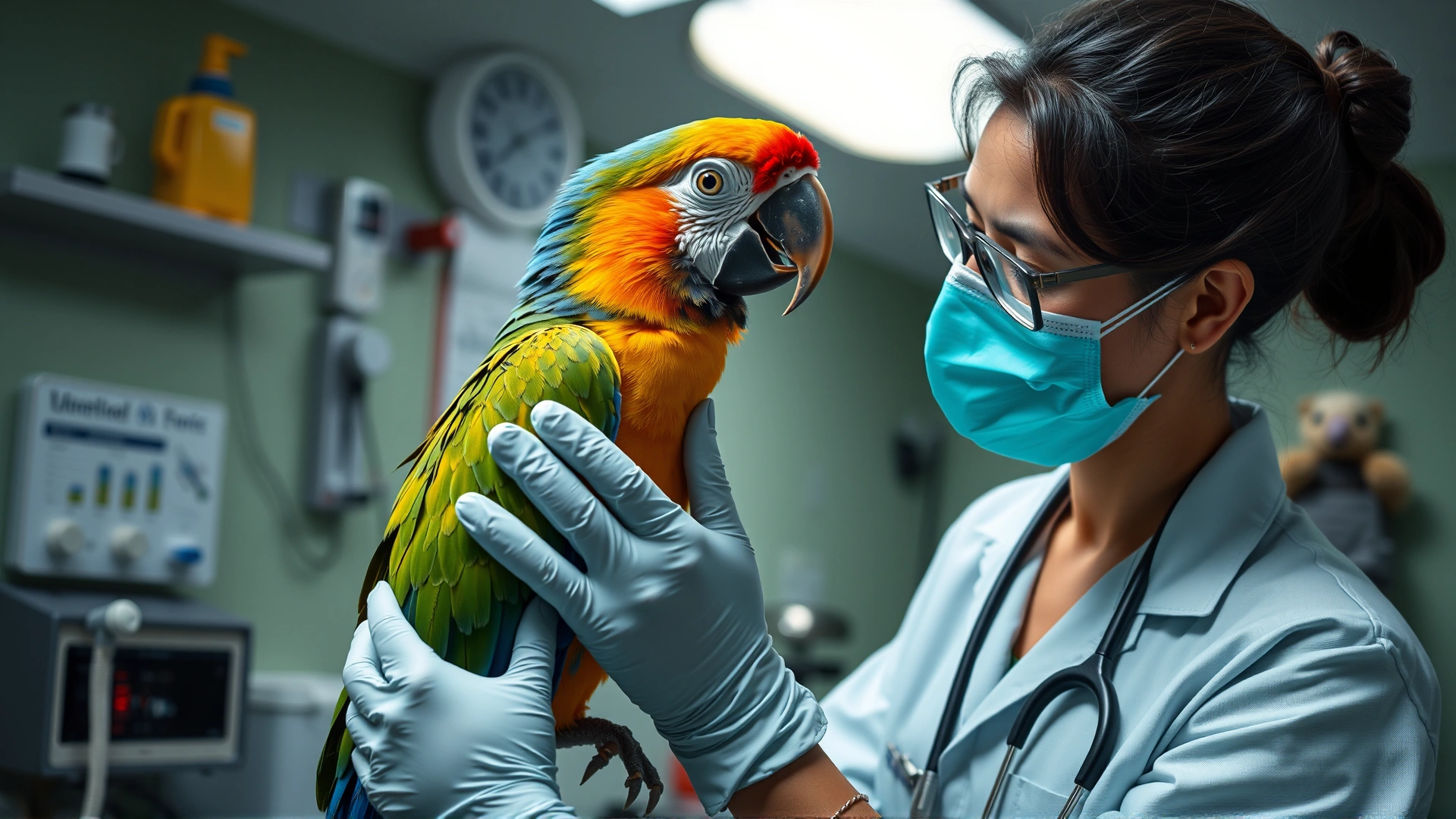 Veterinarian gently examining a colorful parrot in a specialized exotic pet clinic outfitted with avian equipment.