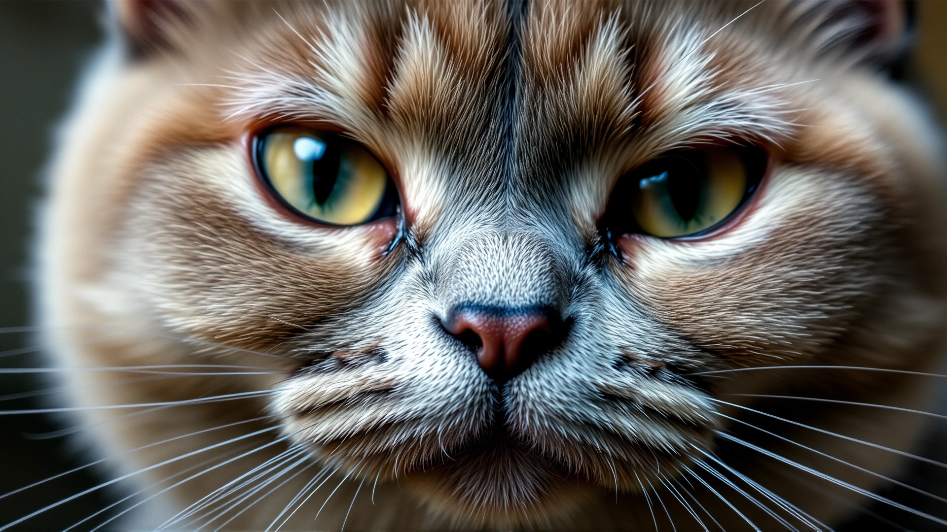 Extreme close-up of an Exotic Shorthair’s face, showing its short nose, dense fur, and vivid eye color.