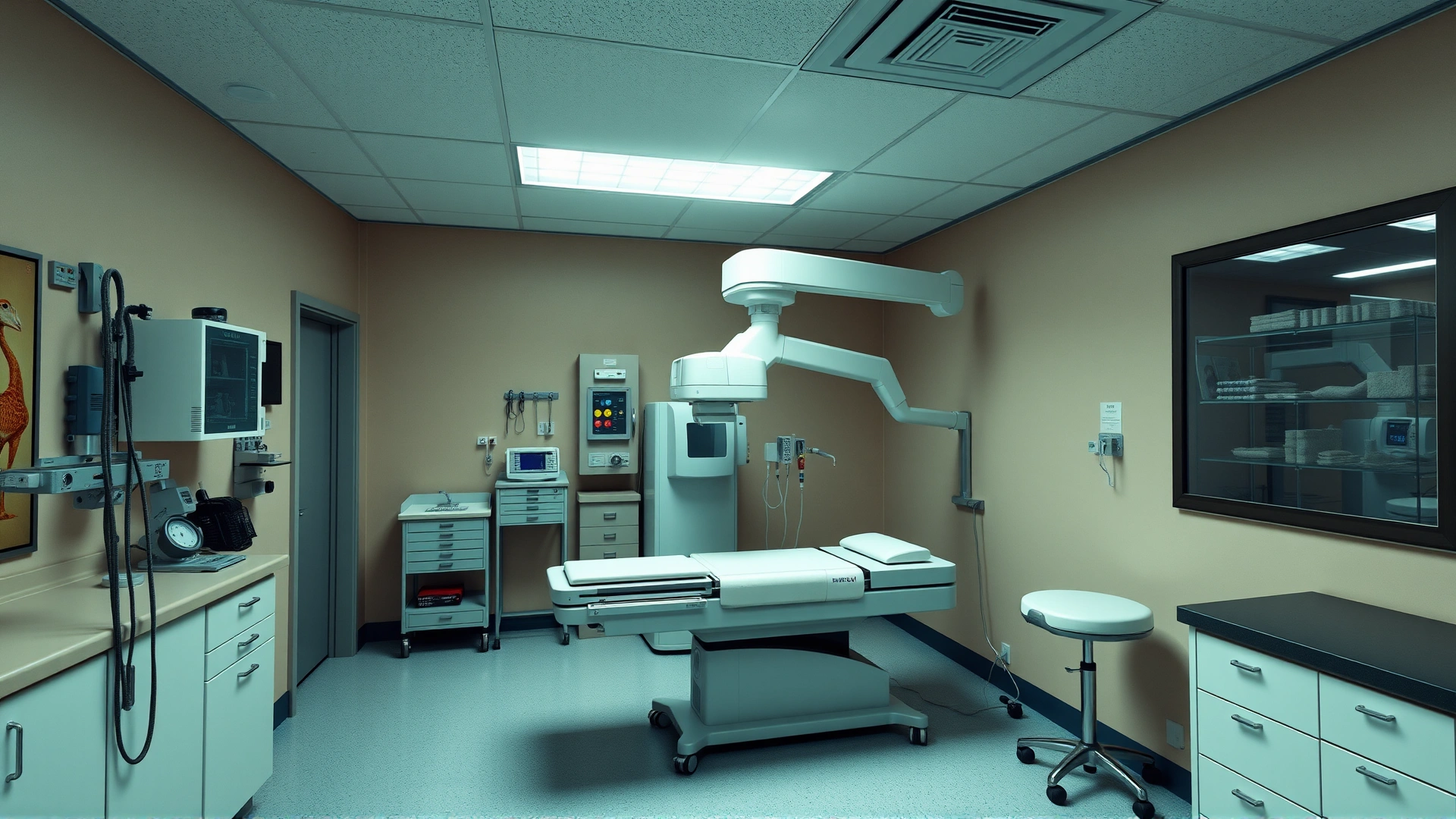 Interior of an exotic animal clinic with specialized equipment, small X-ray machine and heated examination table, no animals or people.