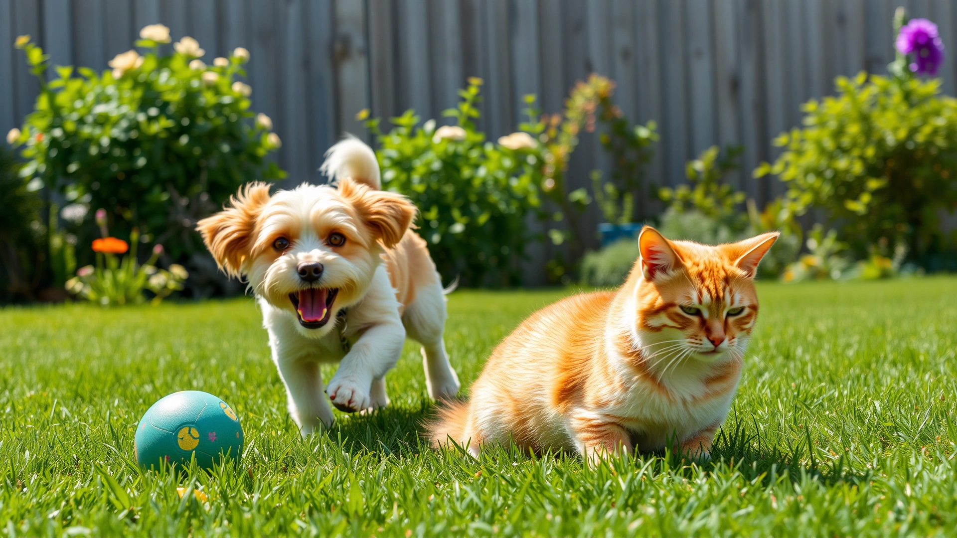 Playful dog chasing a ball in a green backyard and a cat peacefully grooming itself nearby, sunny day, flea-free atmosphere.