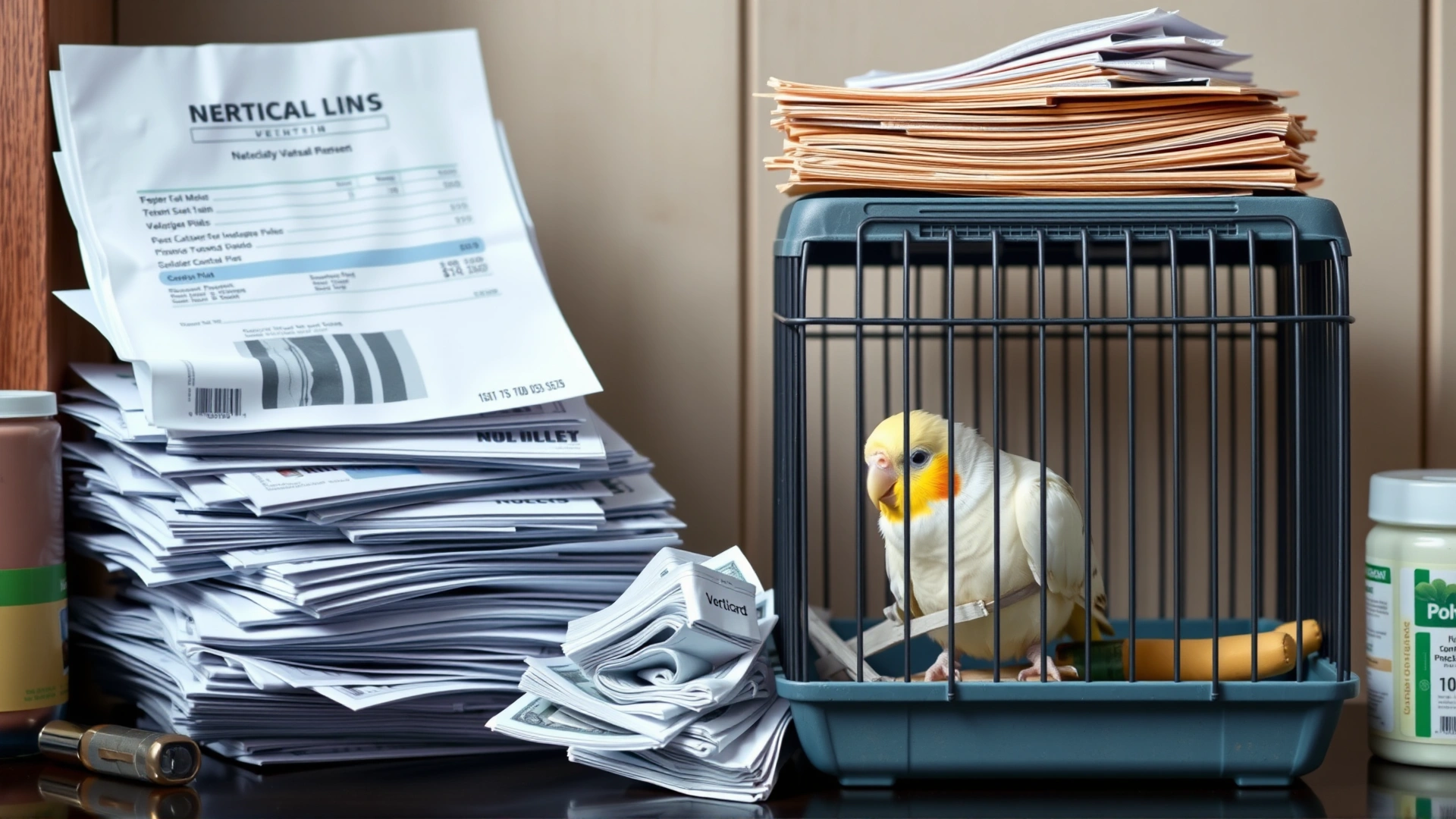 Stack of veterinary bills and bird supplies next to a bird carrier with a cockatiel inside, underscoring the ongoing cost of caring for a pet bird.