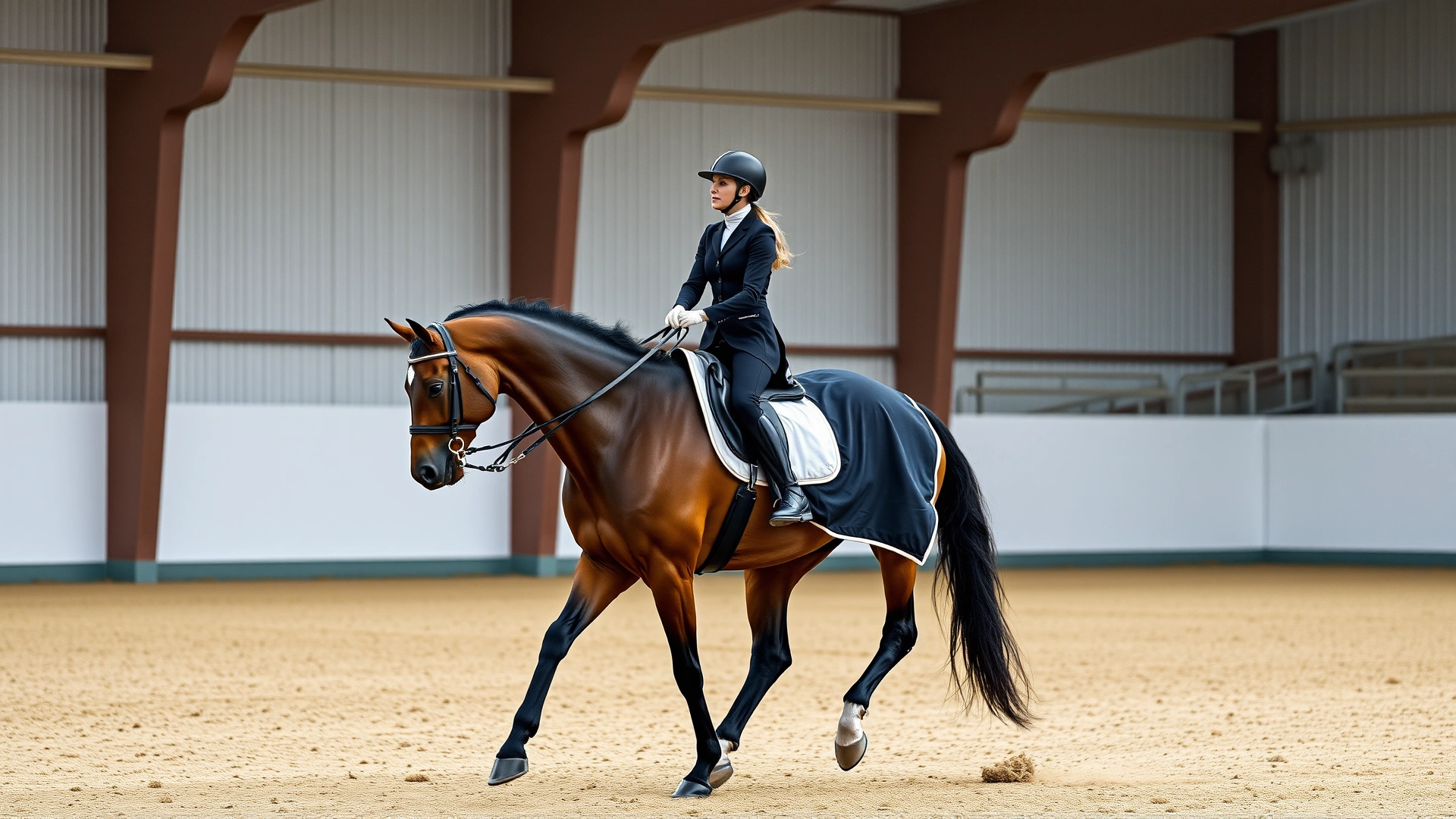 An experienced equestrian performing dressage on an Akhal-Teke horse in a modern arena, showcasing partnership