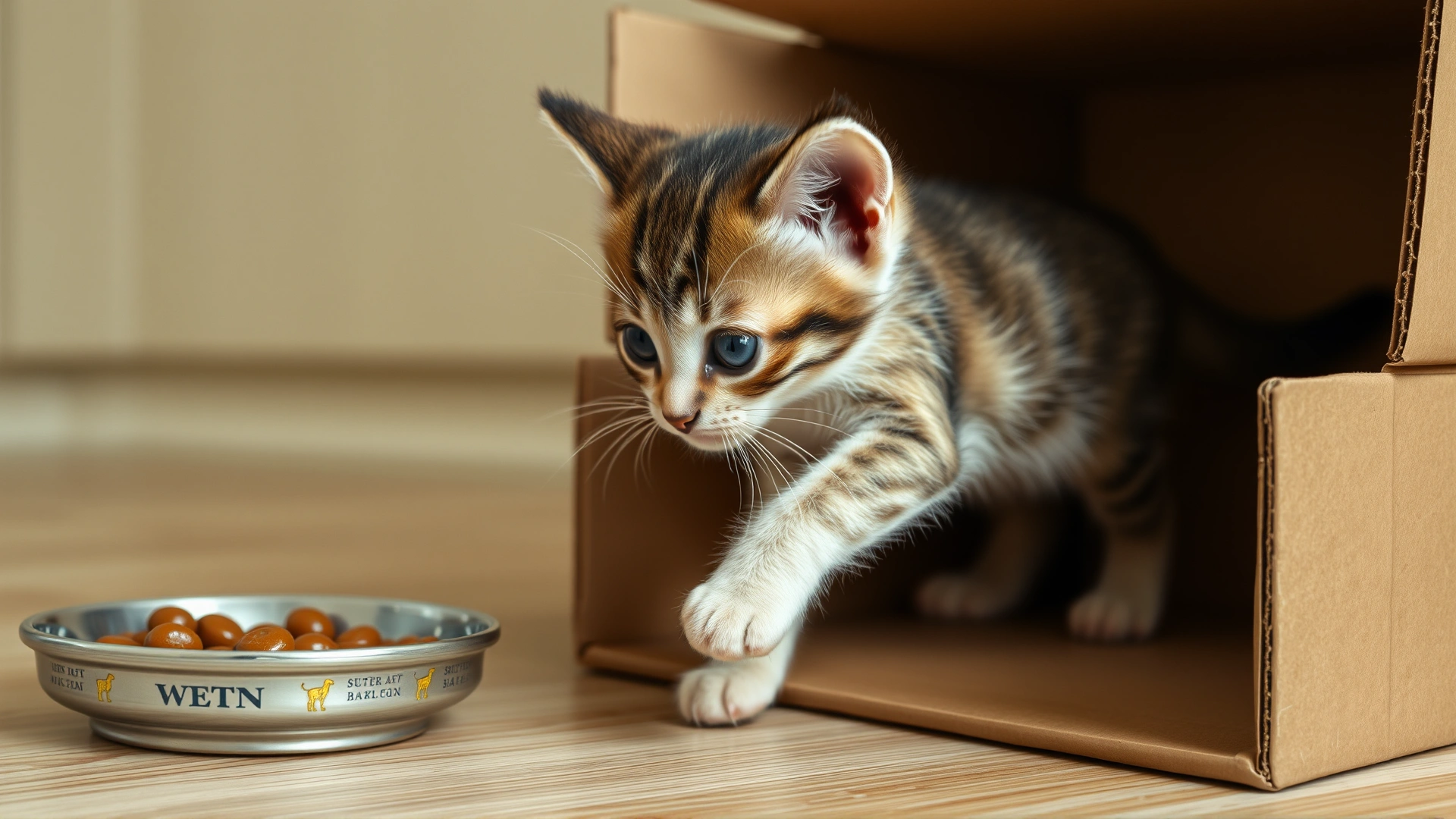 Six-week-old curious kitten stepping out of a cardboard box toward a shallow dish of wet food on a kitchen floor