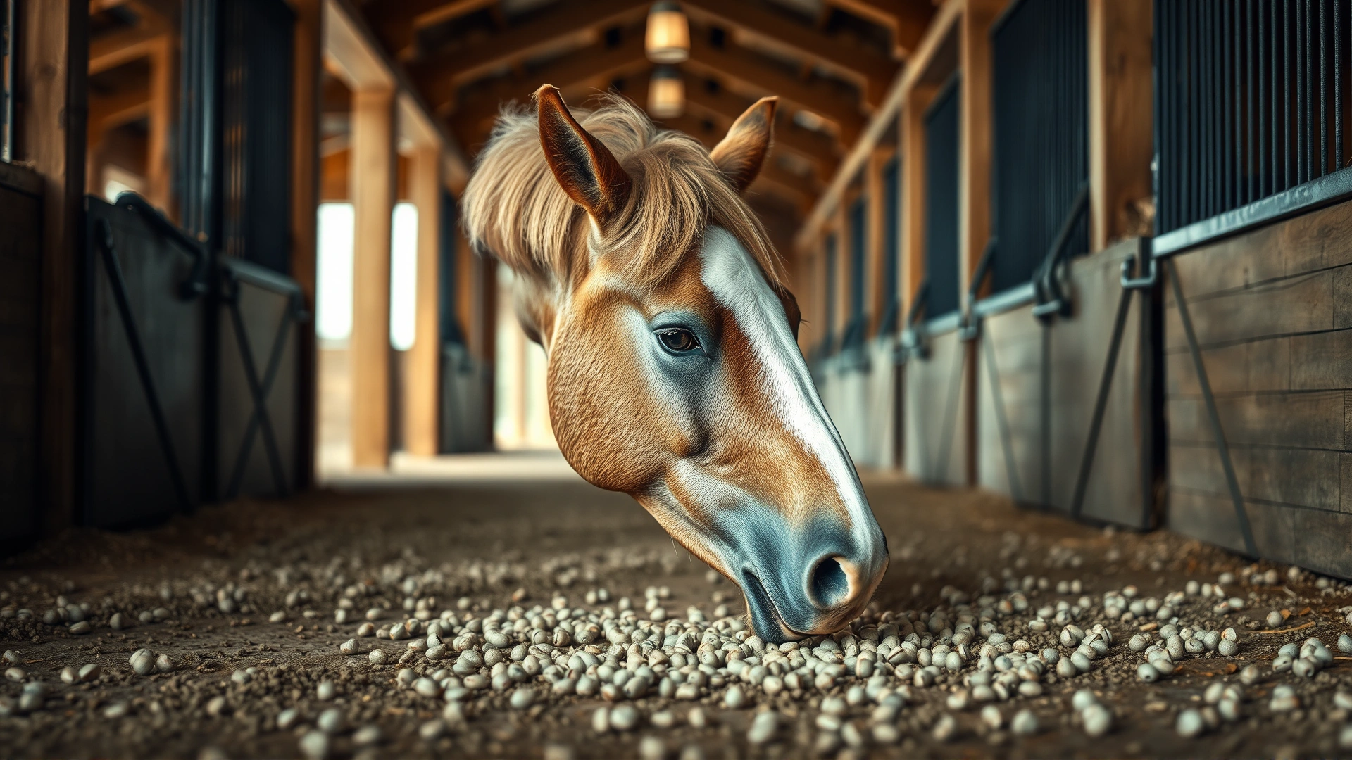 A curious horse in a barn sniffing at scattered rodenticide pellets on the floor, illustrating accidental exposure risk.