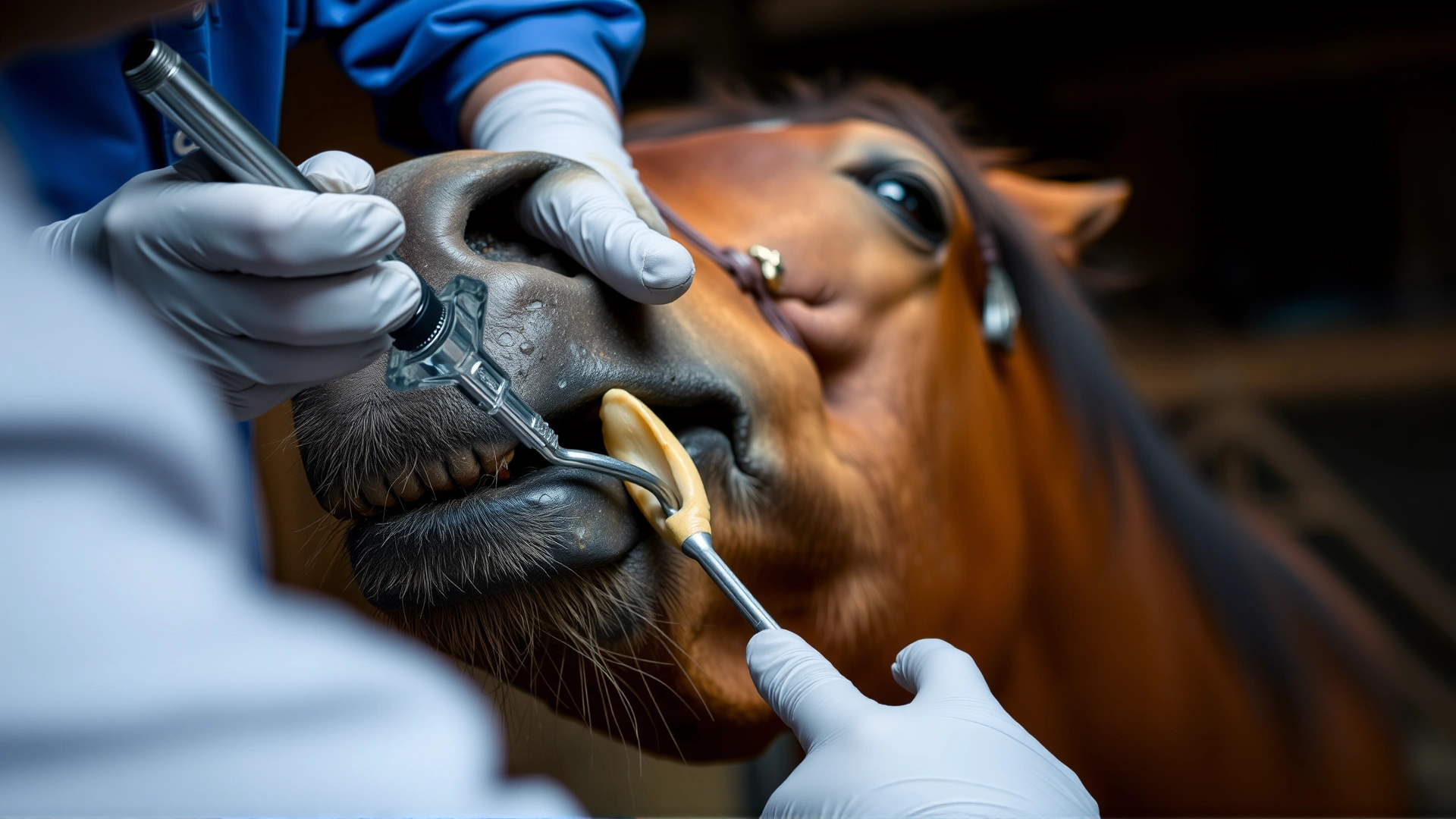 Action shot of a veterinarian wearing gloves using a dental elevator tool to extract a wolf tooth from a sedated horse's mouth, barn background blurred, no text.