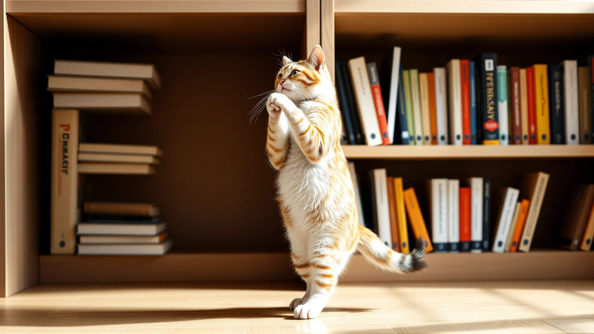 Curious cat standing on hind legs investigating a bookshelf, playful posture, bright daylight