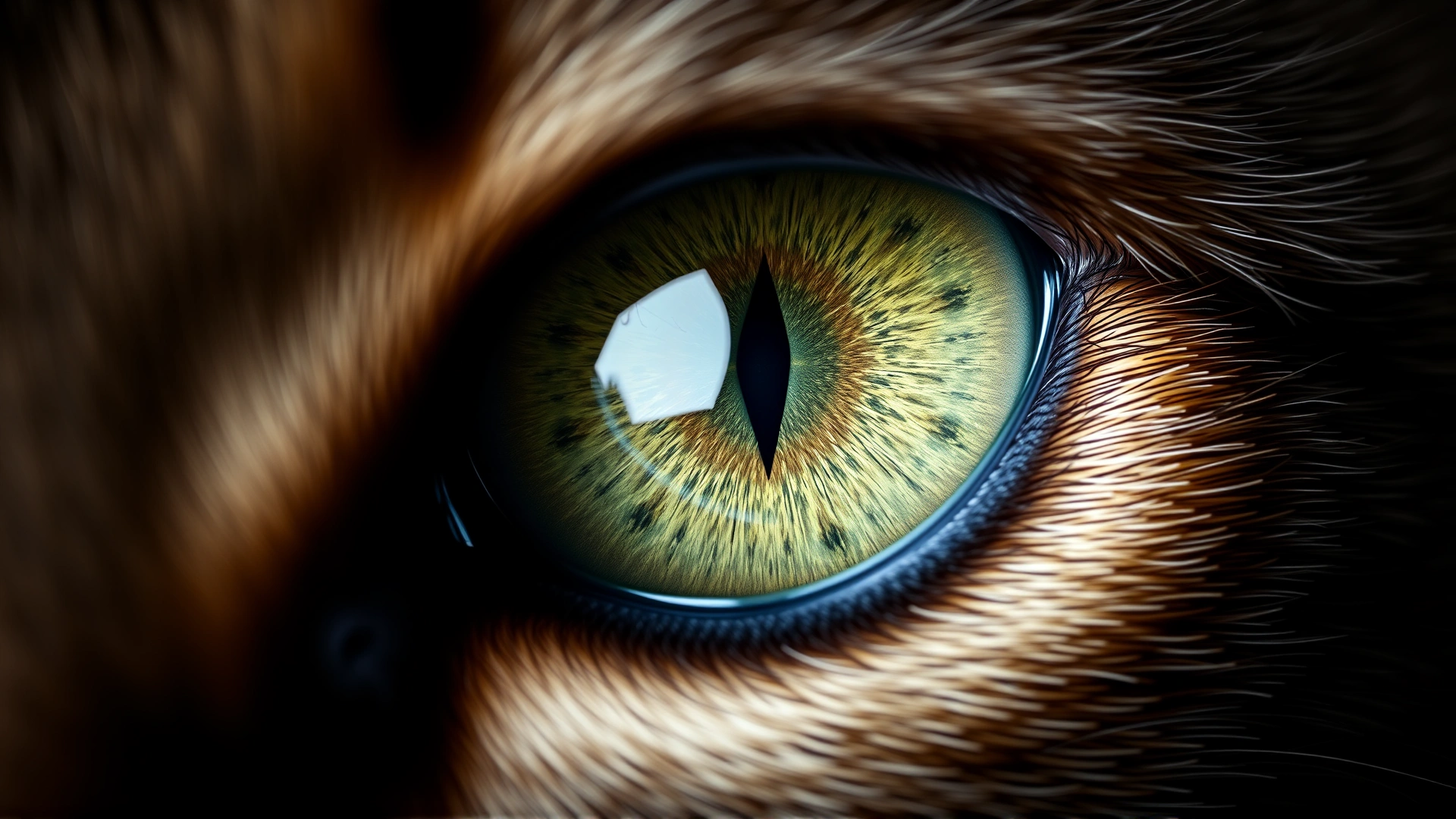 Extreme macro photograph of a healthy feline eye with vivid green iris and clear pupil, showing fine details of the iris texture