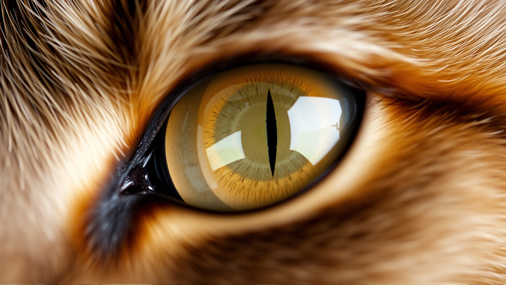 Macro photograph of a healthy cat eye with sharp detail showing the cornea, pupil, and colorful iris, neutral background
