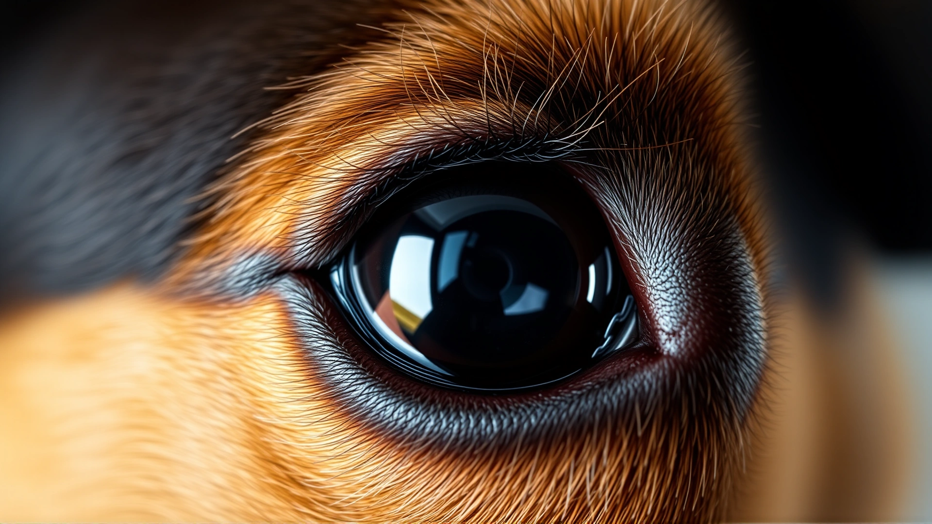 Macro close-up of a dog's eye under soft light, showing clear details of the pupil and reflective surface to illustrate ocular anatomy.