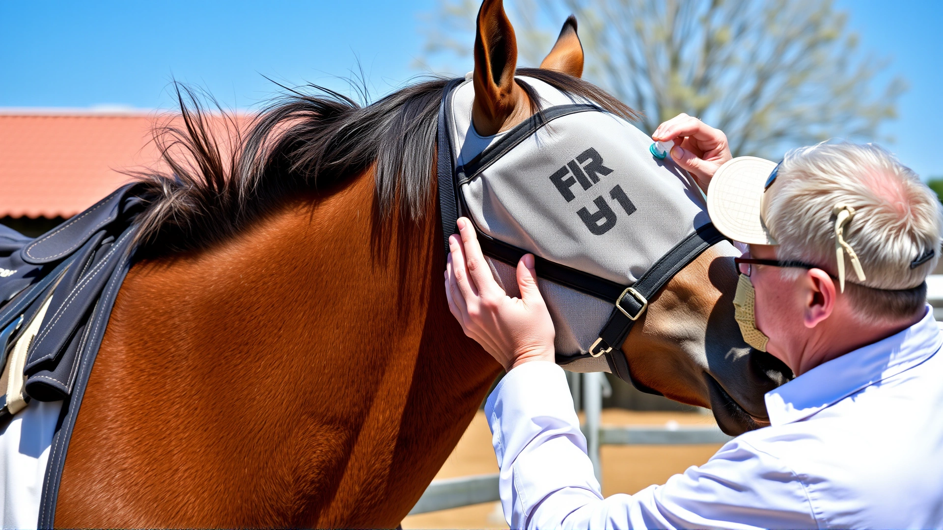 Horse wearing a protective fly mask while a veterinarian applies lubricating eye drops, sunny paddock background, no text