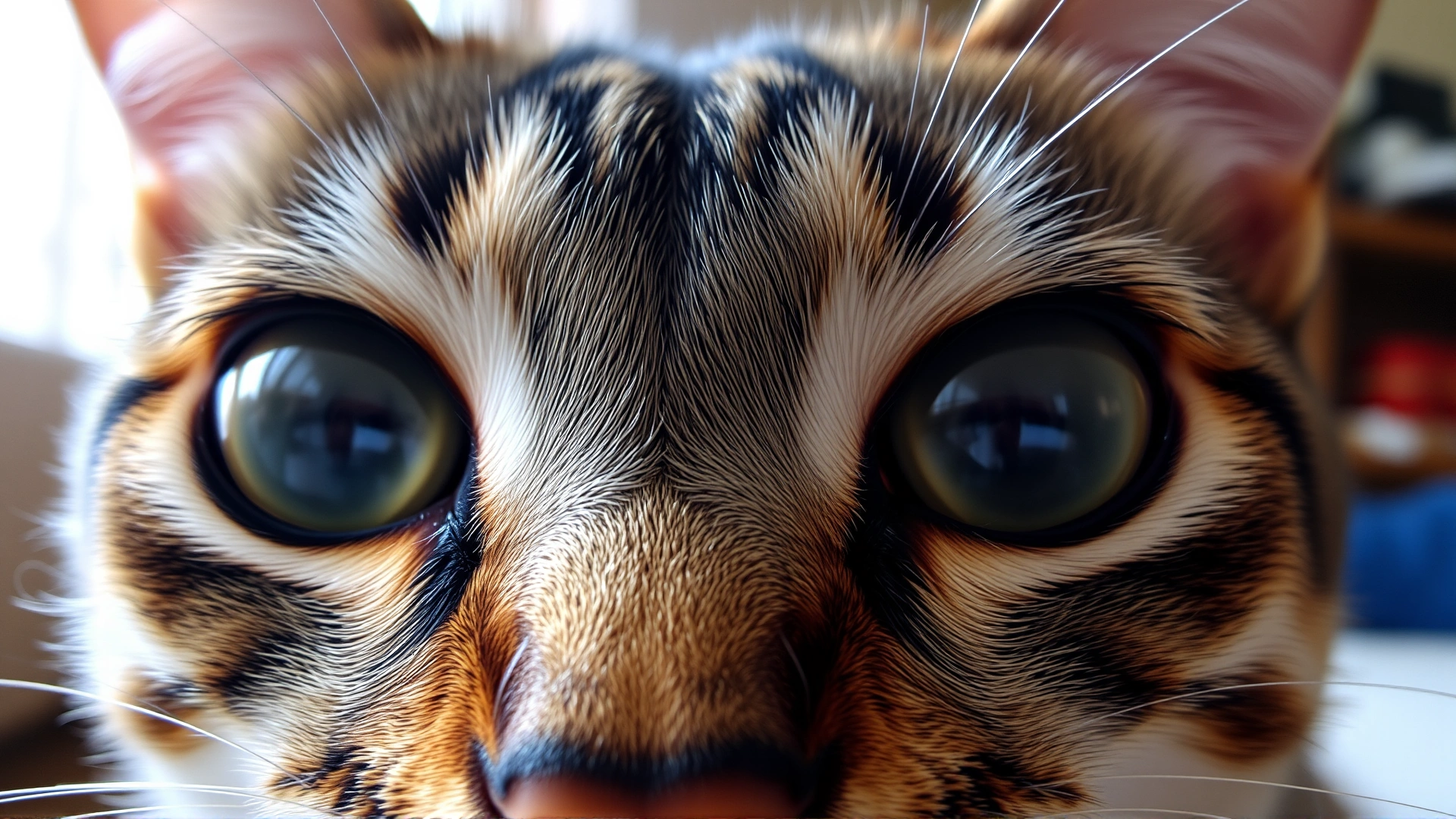 Close-up of a cat's face showing wide, dilated pupils and subtle retinal reflection, captured in soft indoor light.