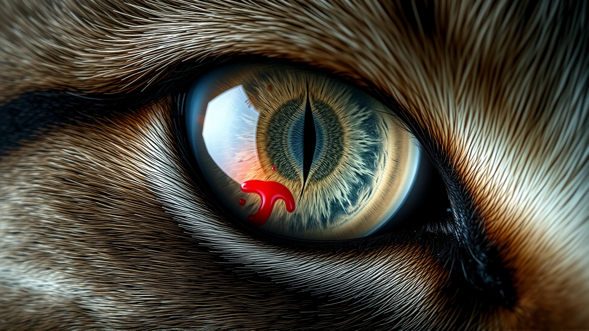 Macro shot of a cat's eye showing detailed iris patterns and a subtle red hue representing retinal bleeding.