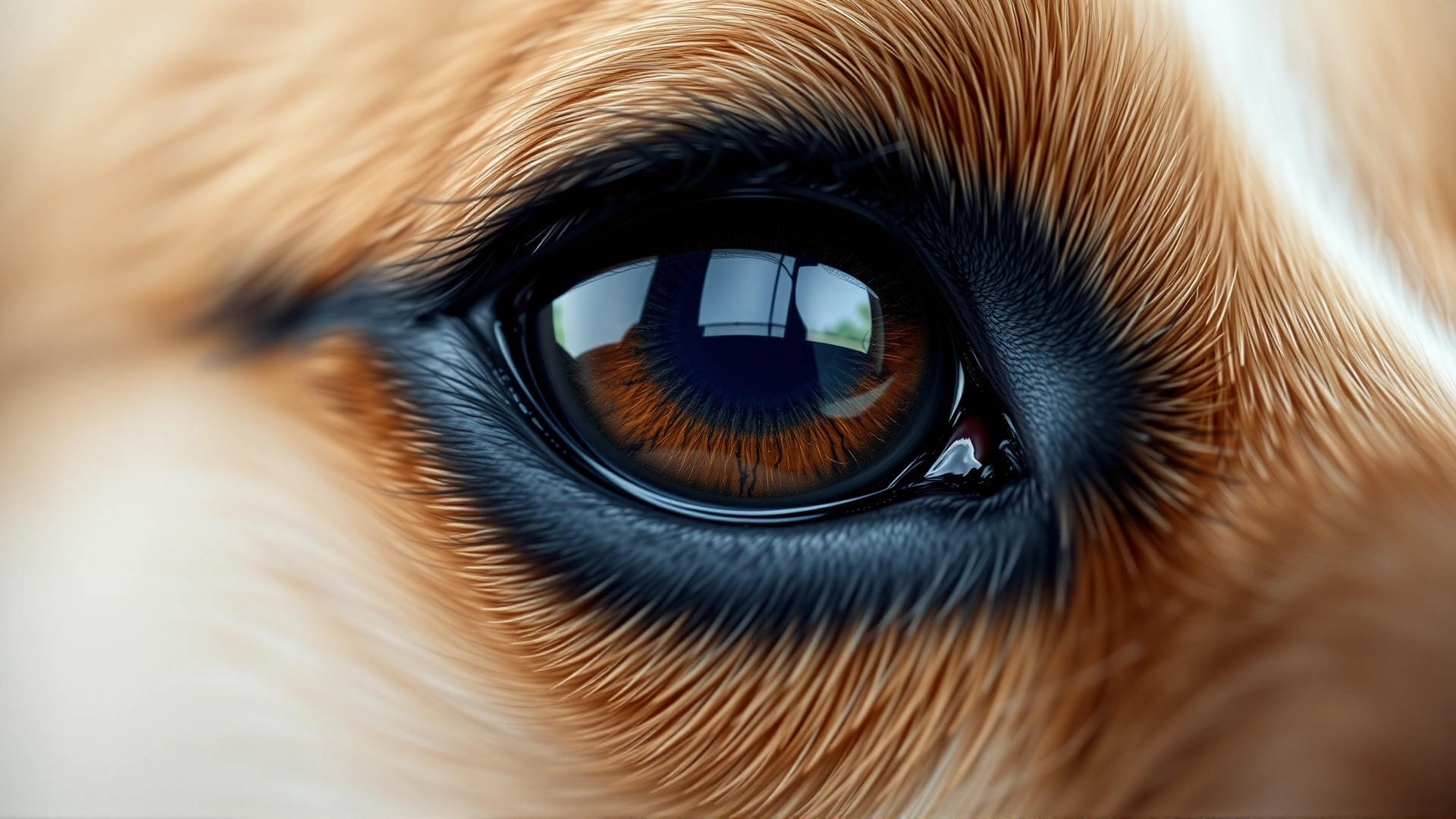 Macro close-up of a healthy dog eye with clear reflection, showing details of the cornea and iris.