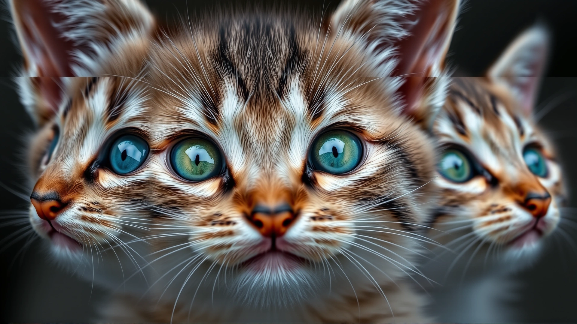 Series of three close-up images showing a kitten's eye color transition from deep blue to green over several weeks (composited in a single horizontal frame).