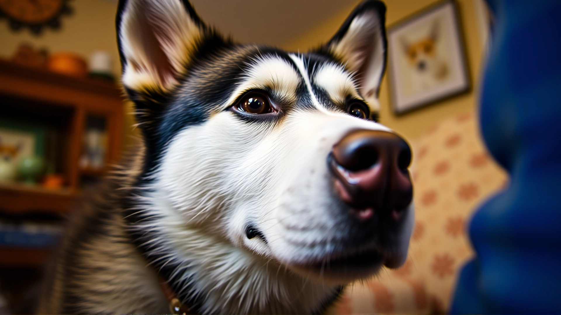 Close-up of a husky making gentle eye contact with its owner, who is slightly out of focus in a cozy indoor setting.