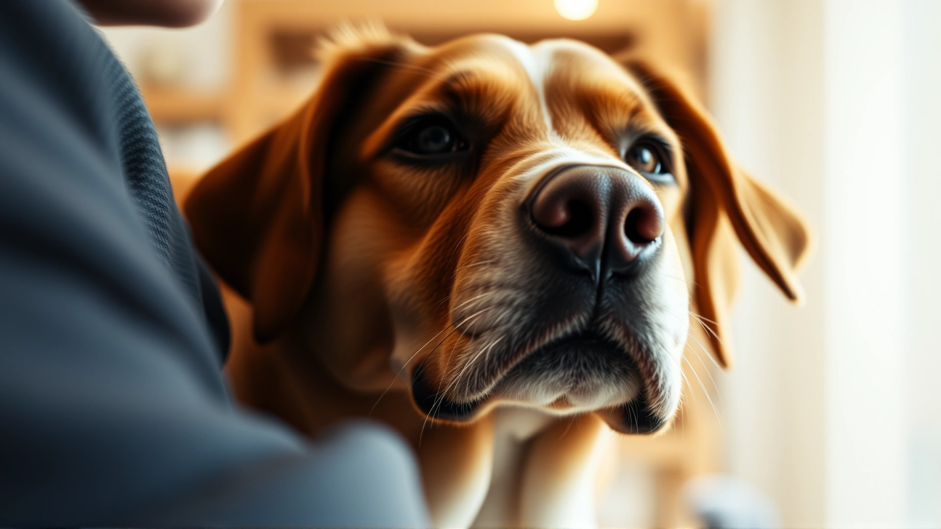 Close-up of dog looking softly into owner's eyes indoors, warm lighting