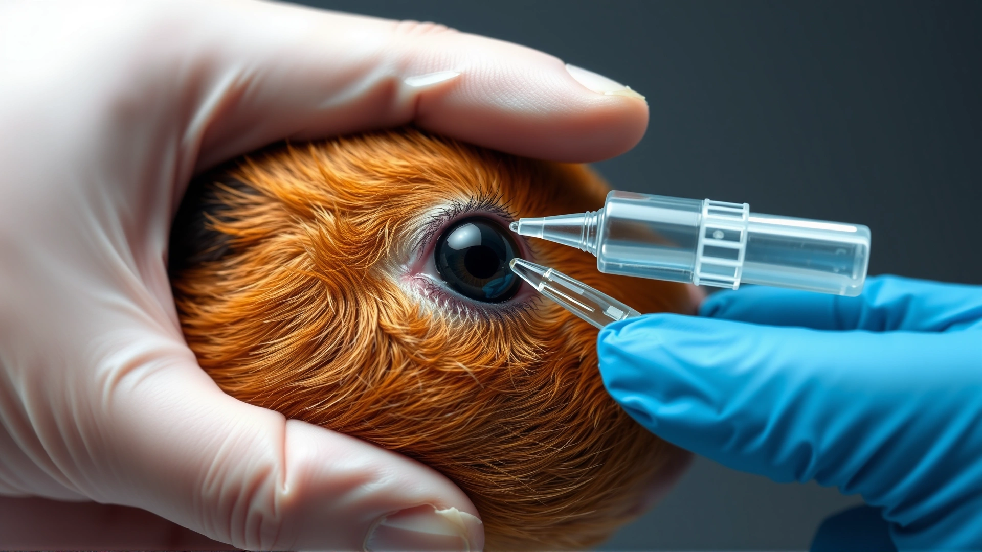 Human hand applying sterile eye drops into a guinea pig’s eye, demonstrating proper technique