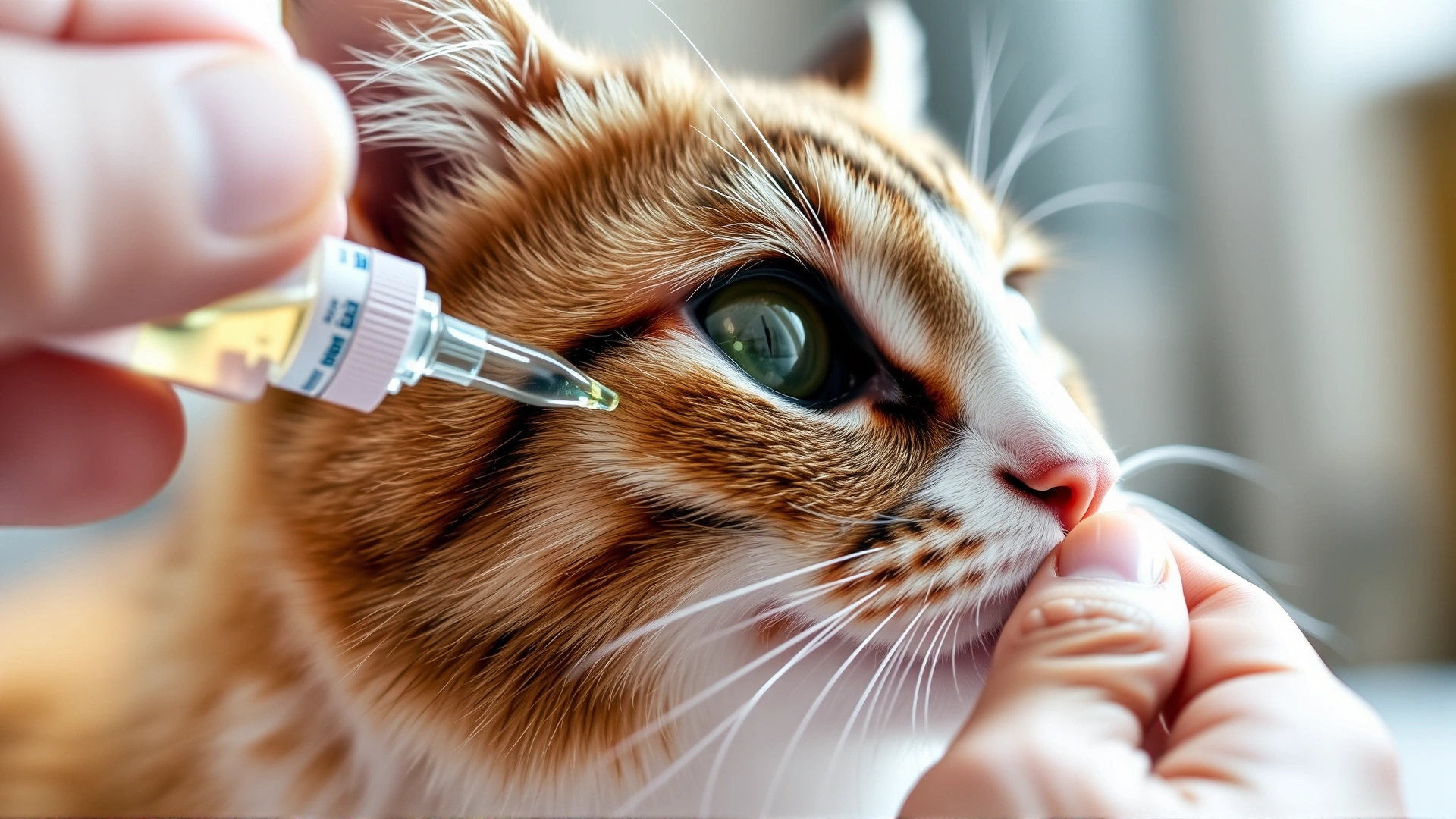 Close-up of pet owner administering eye drops to a cat, focus on the cat's eye and hand holding bottle, indoor lighting.