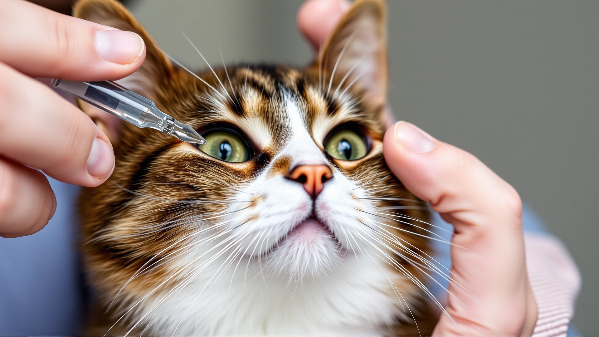 Owner applying ophthalmic drops to a cooperative cat, close-up on the eye and dropper
