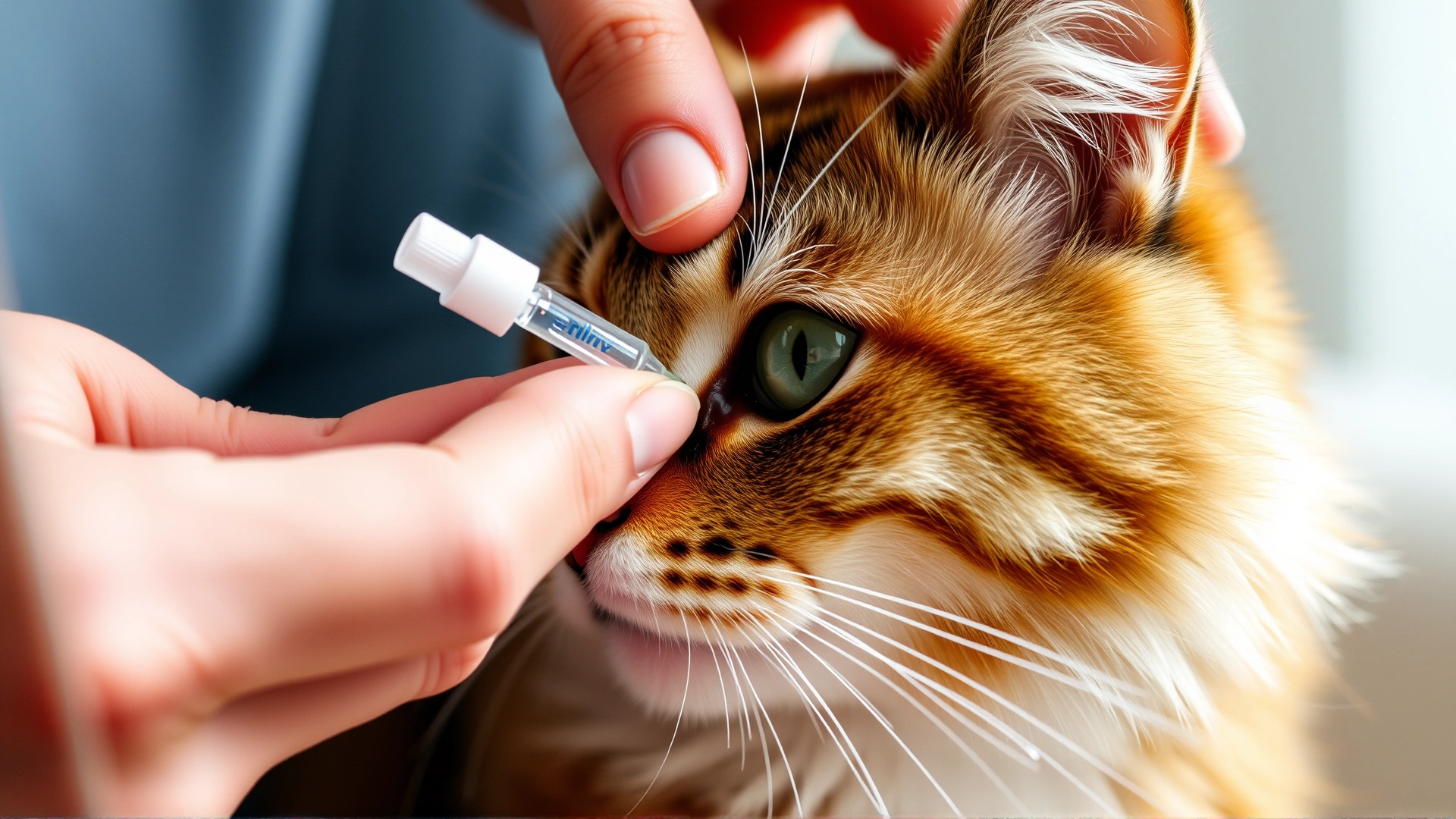 Owner carefully administering eye drops to a calm cat at home, close-up on hand and cat's eye, soft lighting