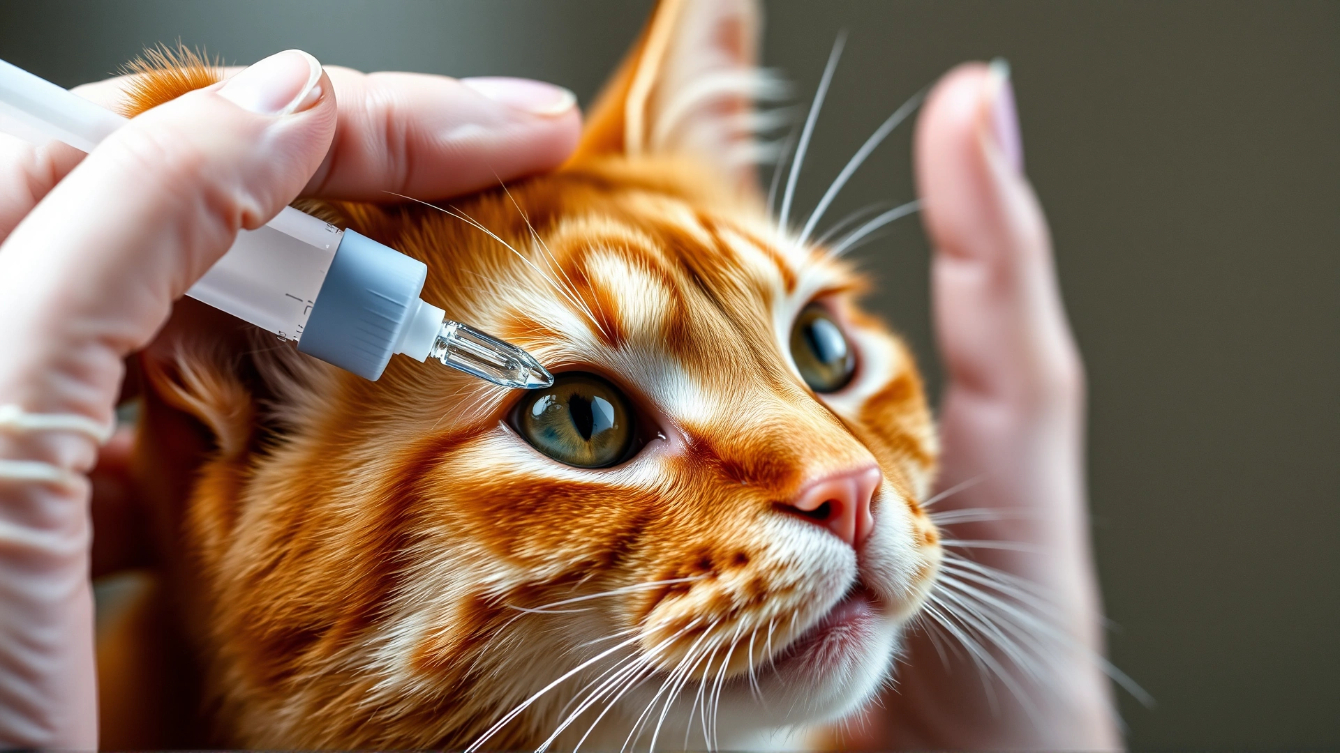 Human hand applying ophthalmic eye drops to a calm orange cat, focus on the dropper and eye