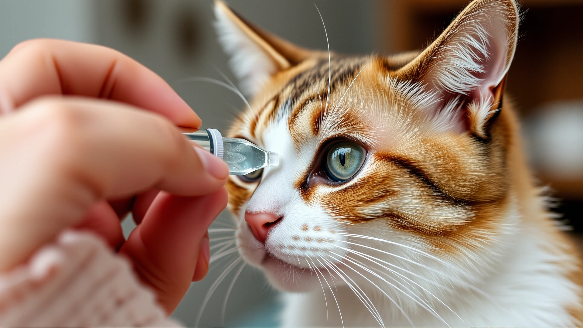 Cat owner gently administering ophthalmic drops into their cat's eye at home, close-up, no text