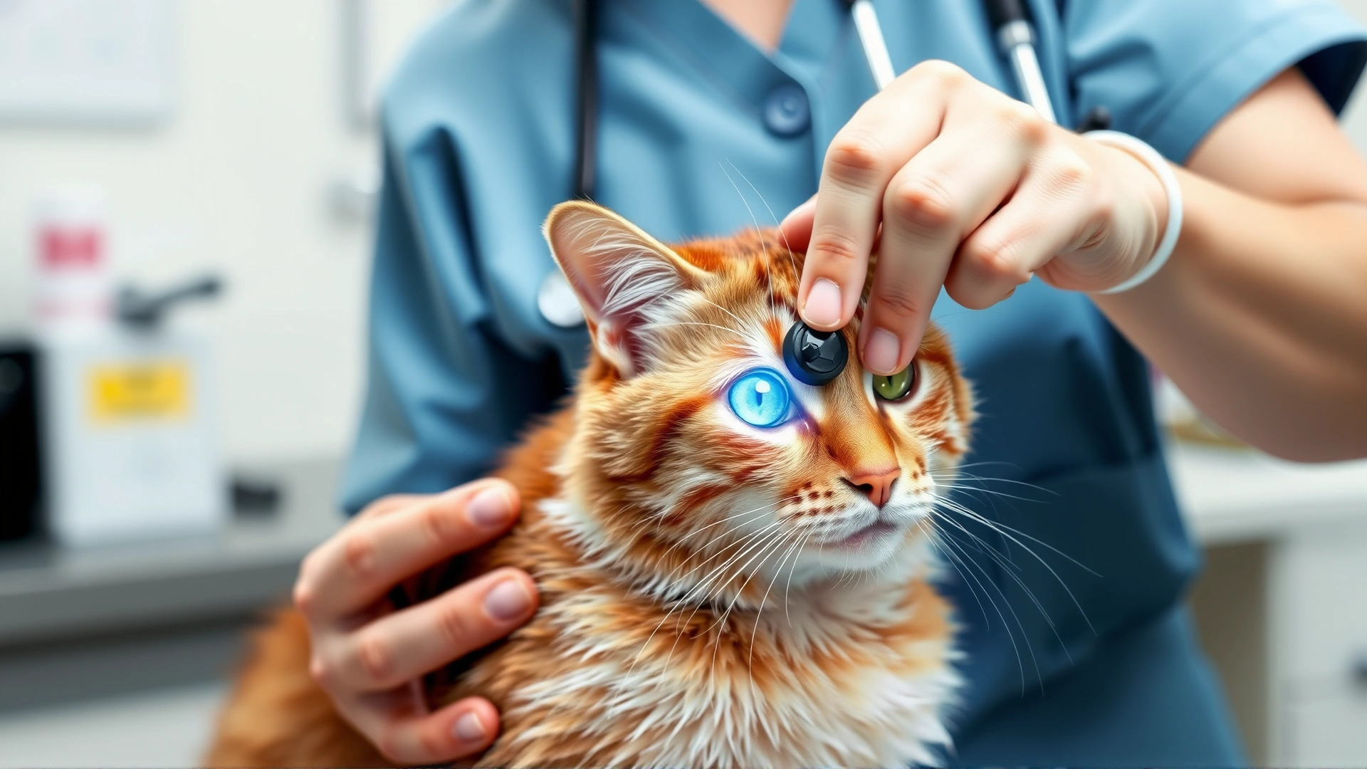 Veterinarian wearing scrubs gently examining a cat’s eye with an ophthalmoscope in a clinic setting