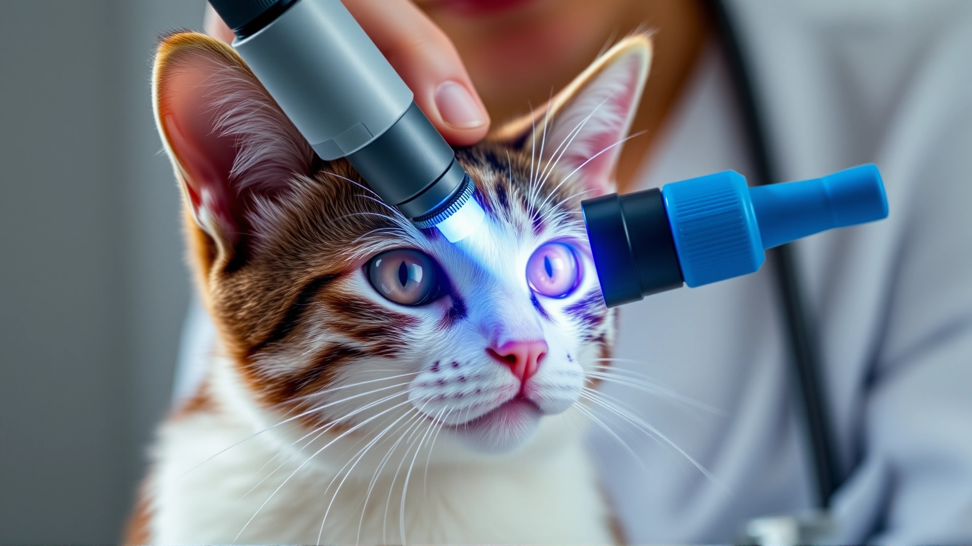 Macro shot of a veterinarian gently holding a cat's head while illuminating one eye with an ophthalmoscope, clinic setting, focus on the cat's eye.