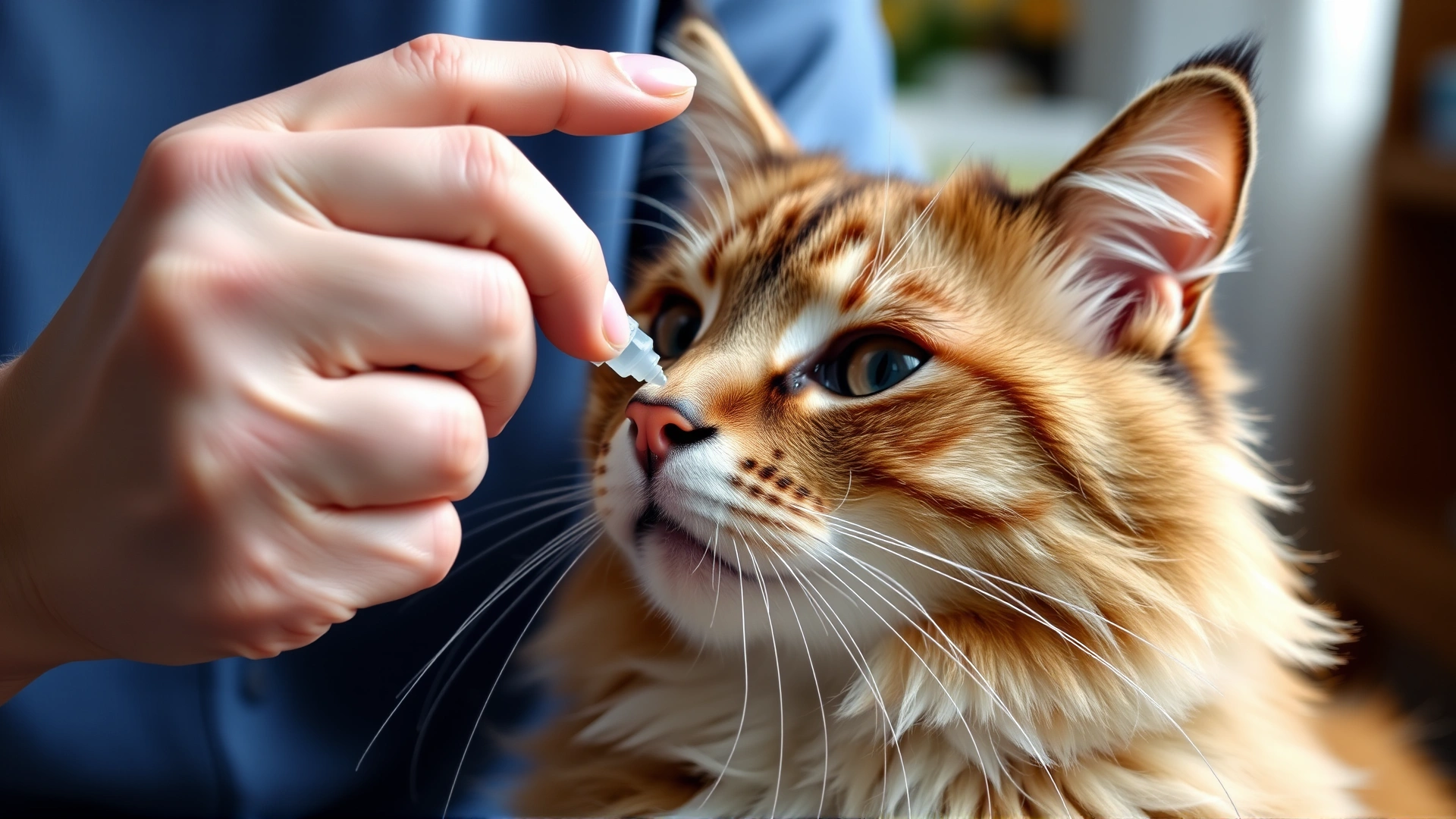Pet owner applying lubricating eye drops to a calm cat's eye at home, demonstrating supportive care; soft light, no text.