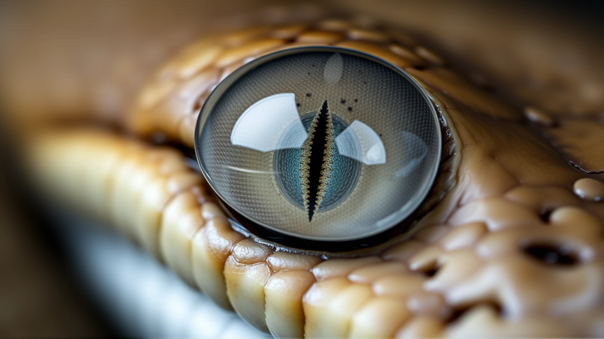 Extreme close-up of a snake’s eye covered by the transparent spectacle scale, with dull bluish color indicating imminent shedding; detailed texture of surrounding skin.