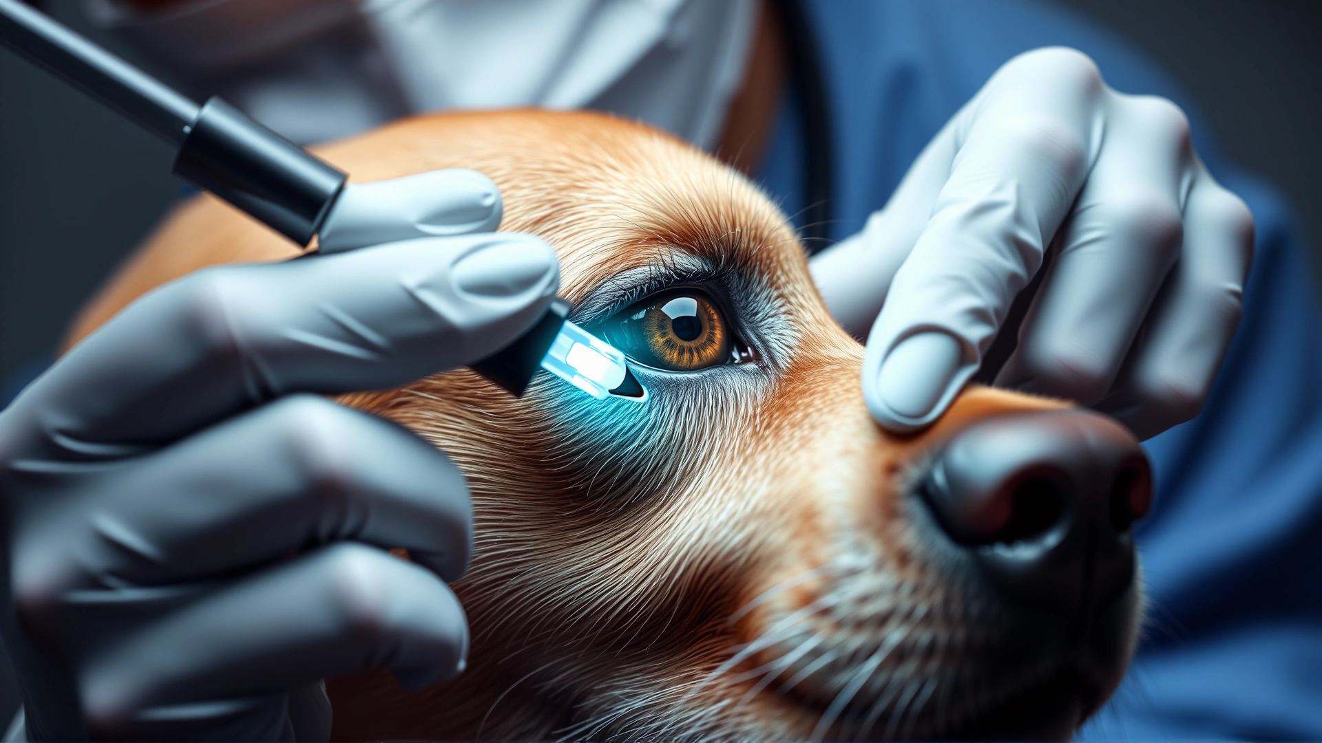 Veterinarian applying an eye drop to a dog's eye with precise focus on the dropper and eye