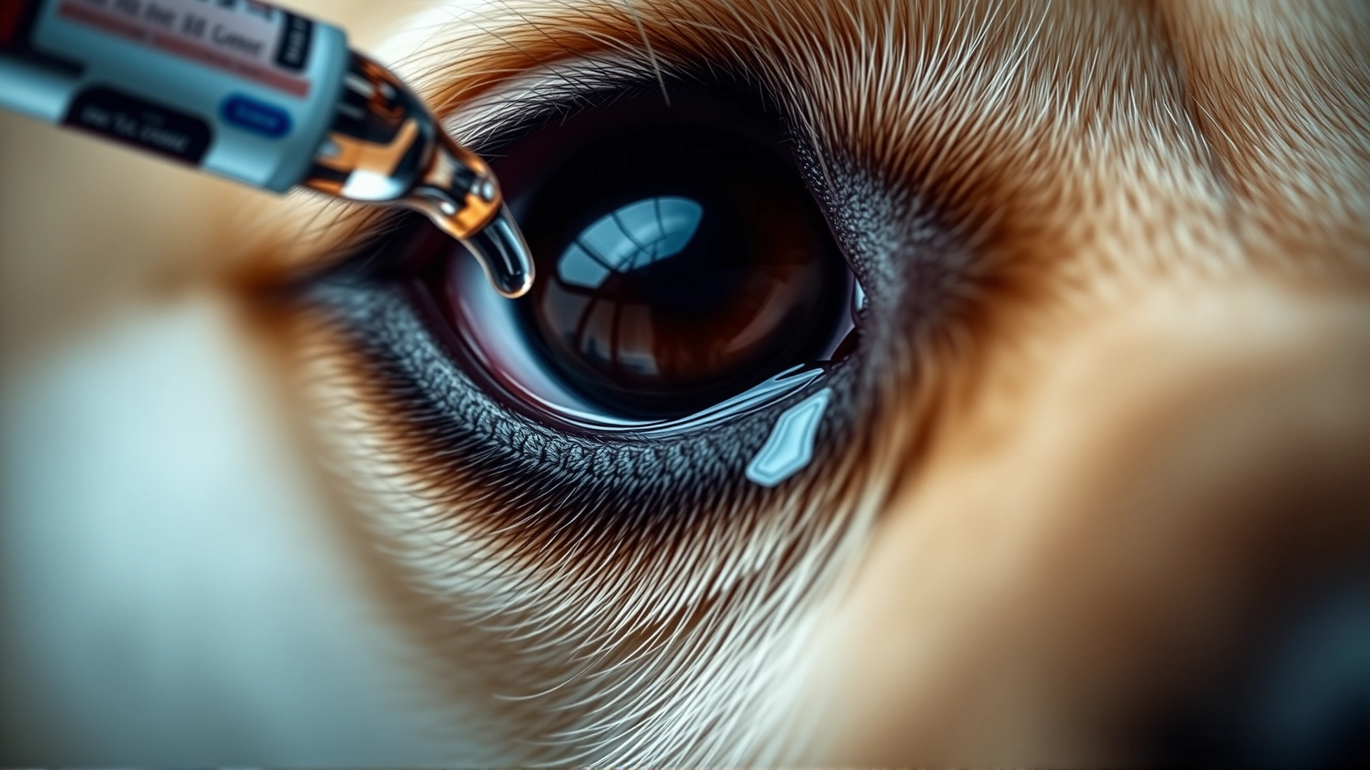 Macro shot of a dog's eye with a small drop of medication about to be applied, showing clarity and cleanliness.