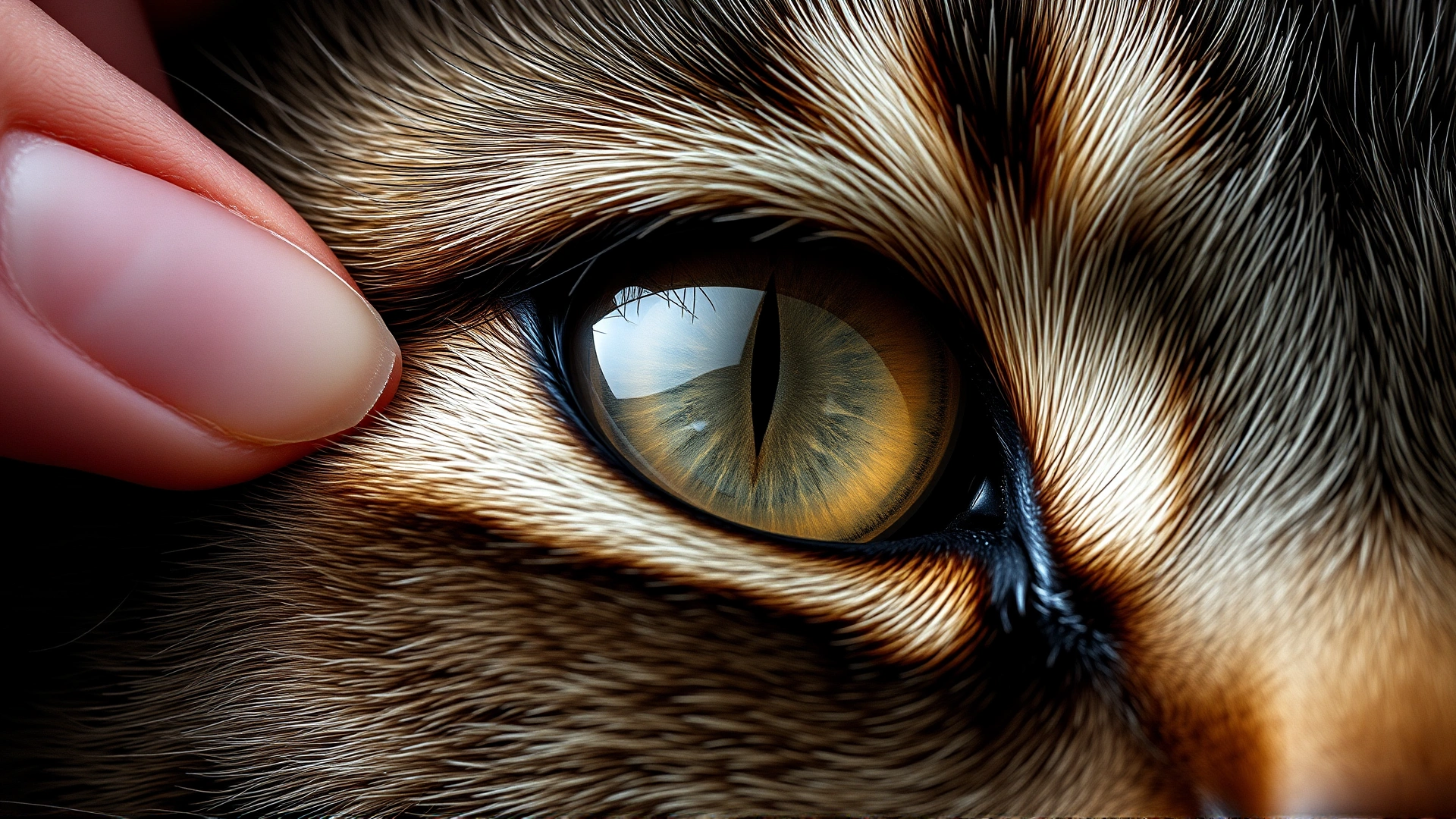 Close-up of a cat’s eye with fingers carefully lifting the eyelid to search for a hidden tick, sharp focus on eye area