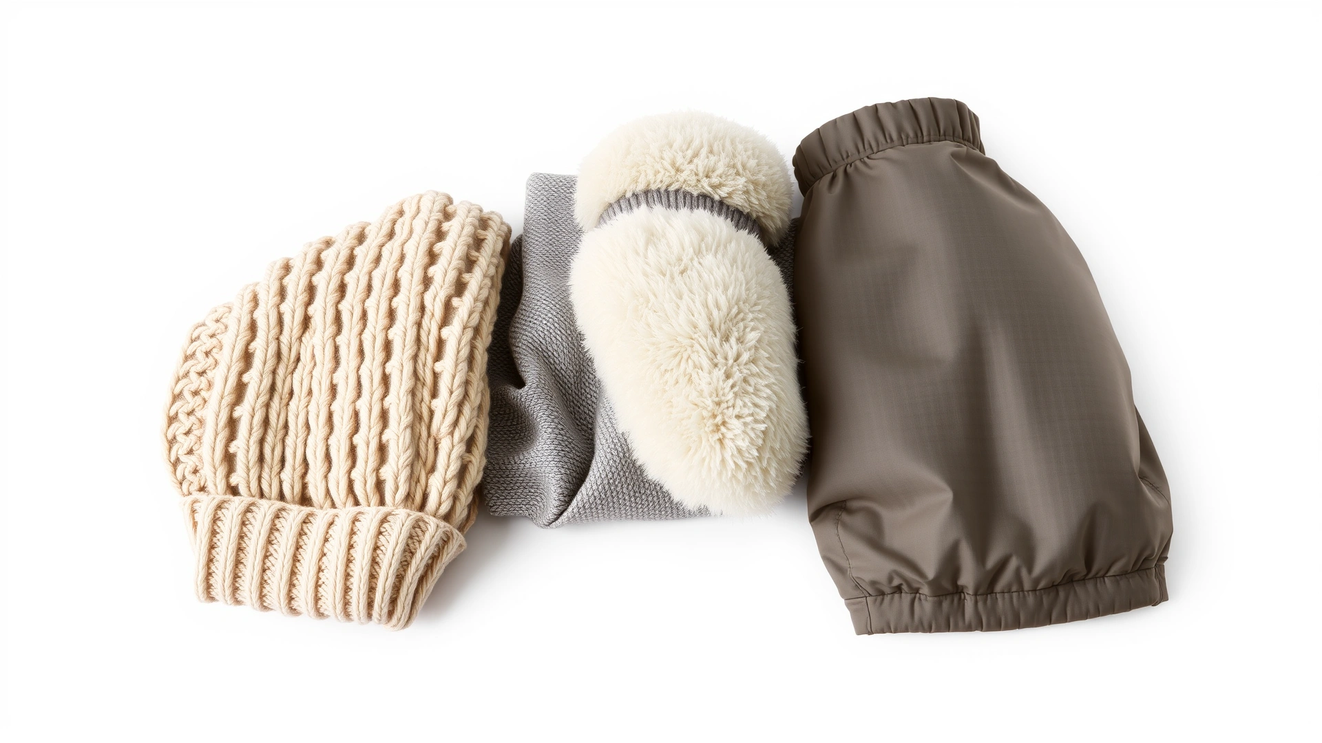 Macro shot of different dog sweater materials laid side by side: wool knit, fleece, and waterproof fabric, neutral background