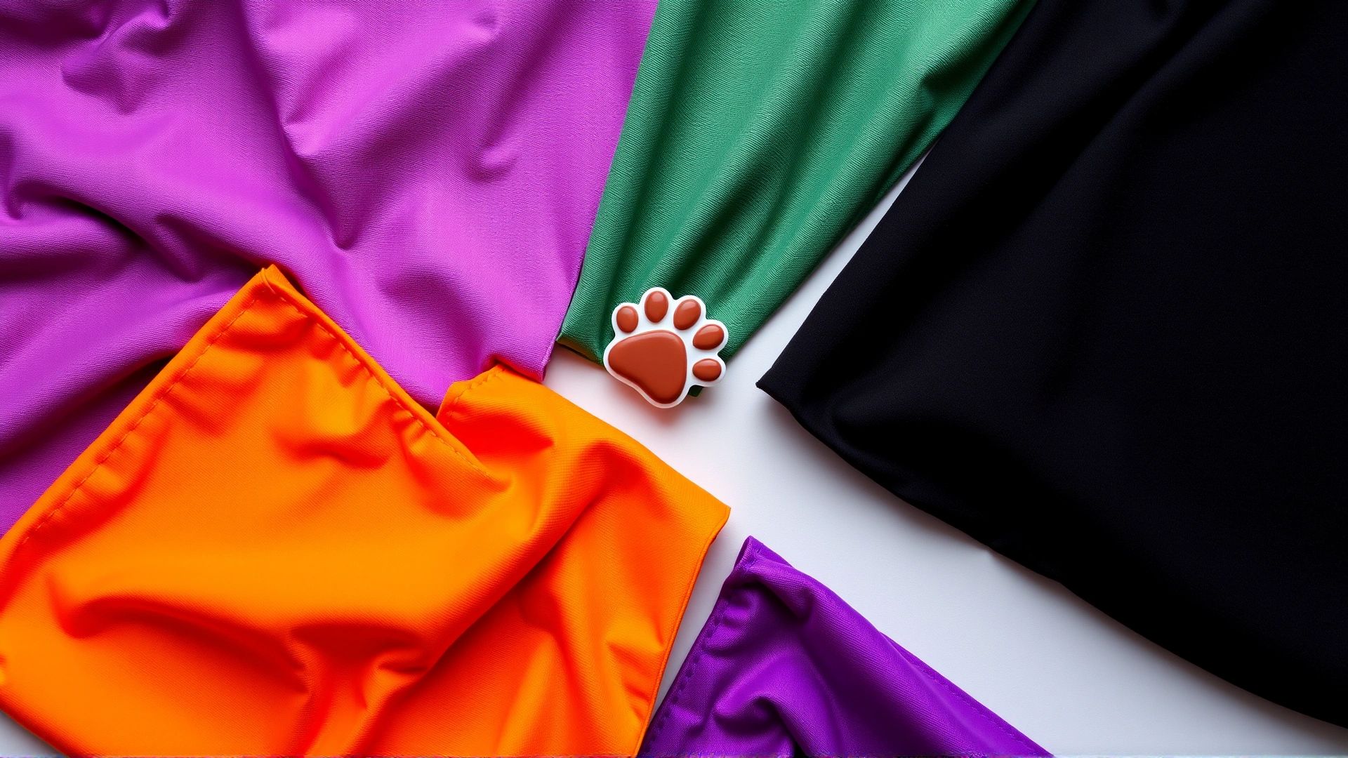 Flat lay of various breathable fabric swatches in orange, black, and purple colors suitable for pet costumes, with a small paw print accessory placed on top