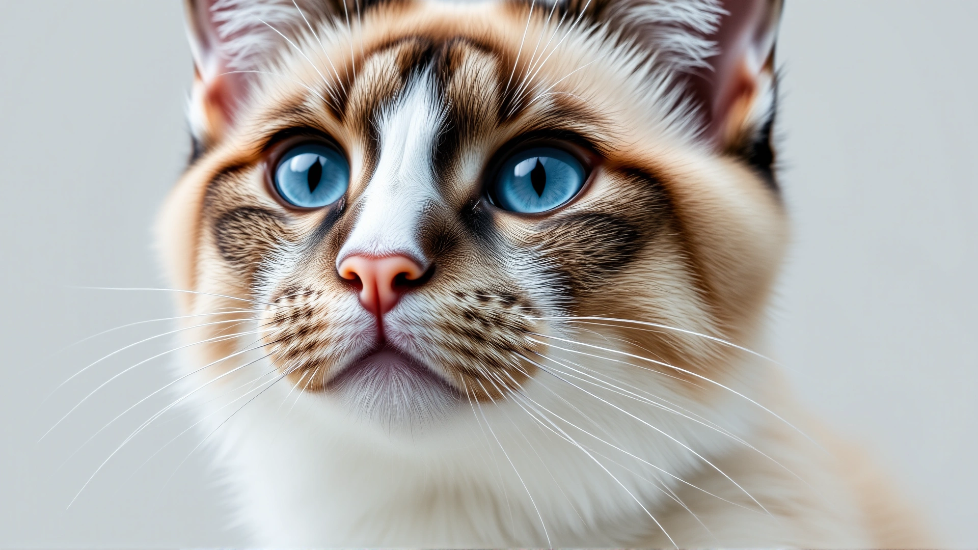 Close-up portrait of a Snowshoe cat showing its distinctive inverted white V facial marking and blue eyes, neutral background