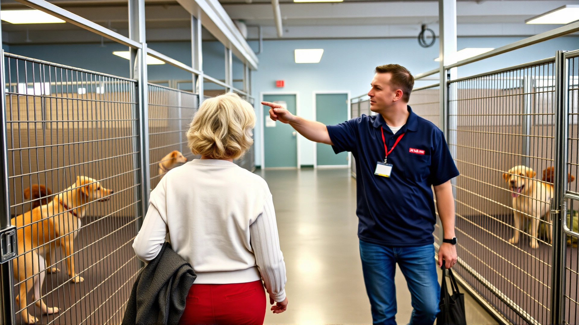 A pet owner accompanied by a staff member touring a kennel facility, pointing at spacious clean enclosures.