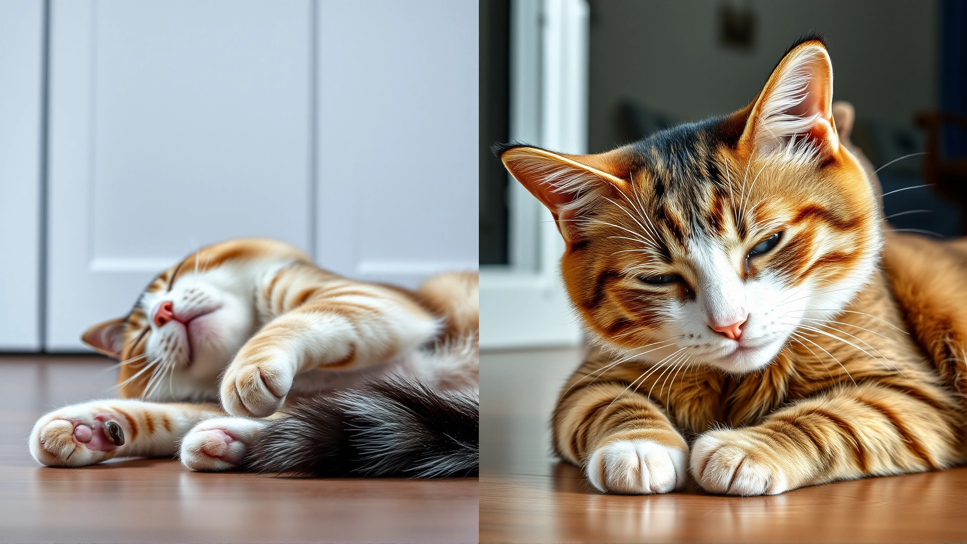 Split-scene style image: on the left a cat collapsing limply indicating fainting, on the right a cat with visible muscle tremors indicating seizure, indoor setting, no text on image