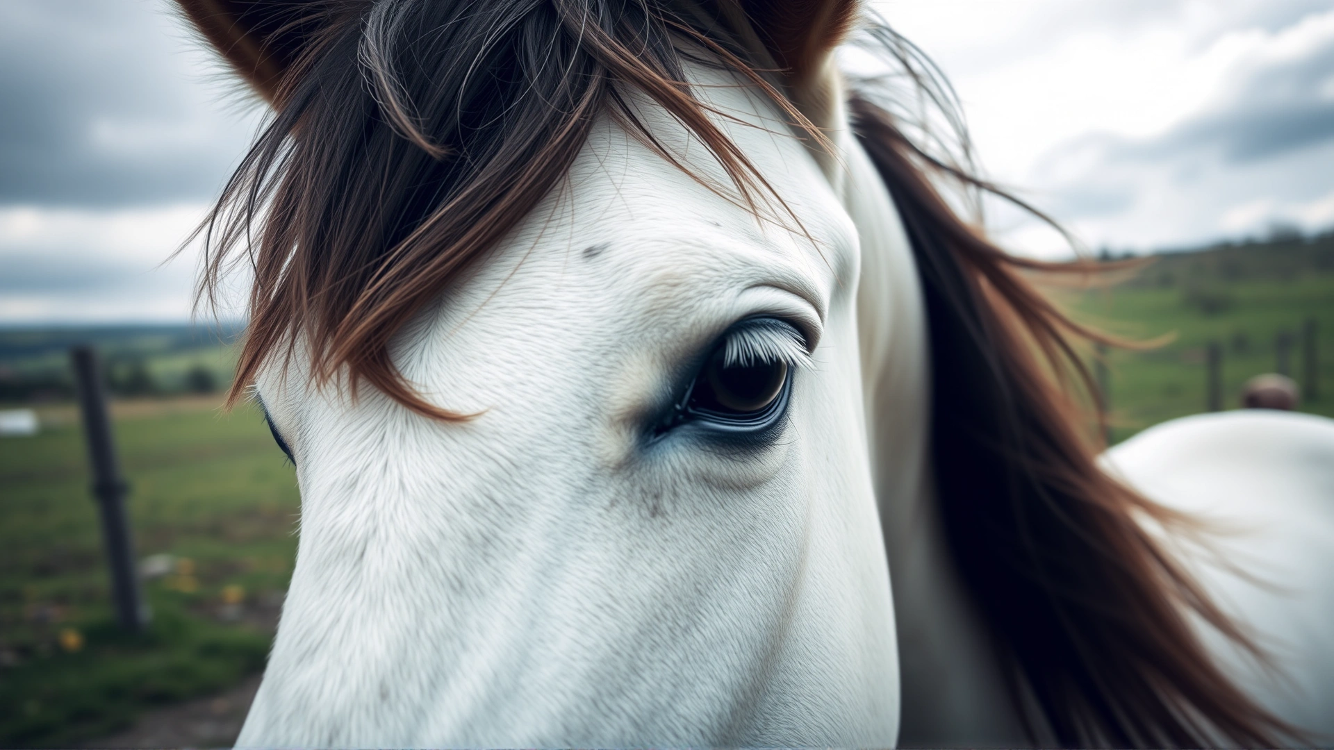 Close-up wide-angle shot of a Falabella mare with a flowing mane, looking toward the camera with a blurred countryside background