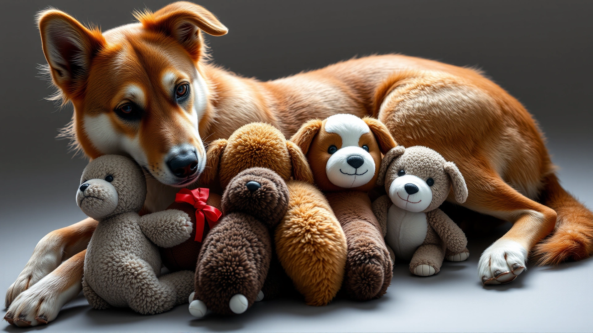 Female dog mothering a group of plush toys as if they were puppies.