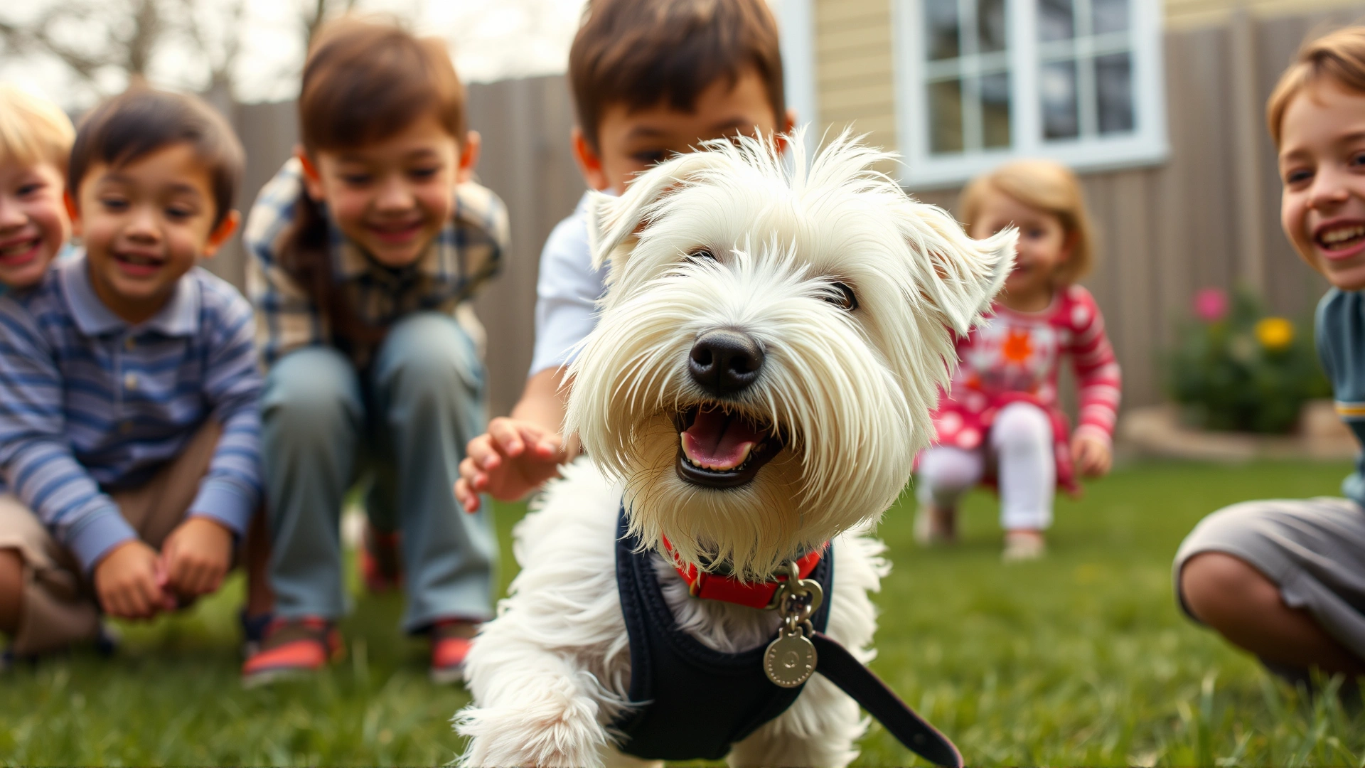 A Sealyham Terrier playing with children in a backyard, joyful atmosphere.