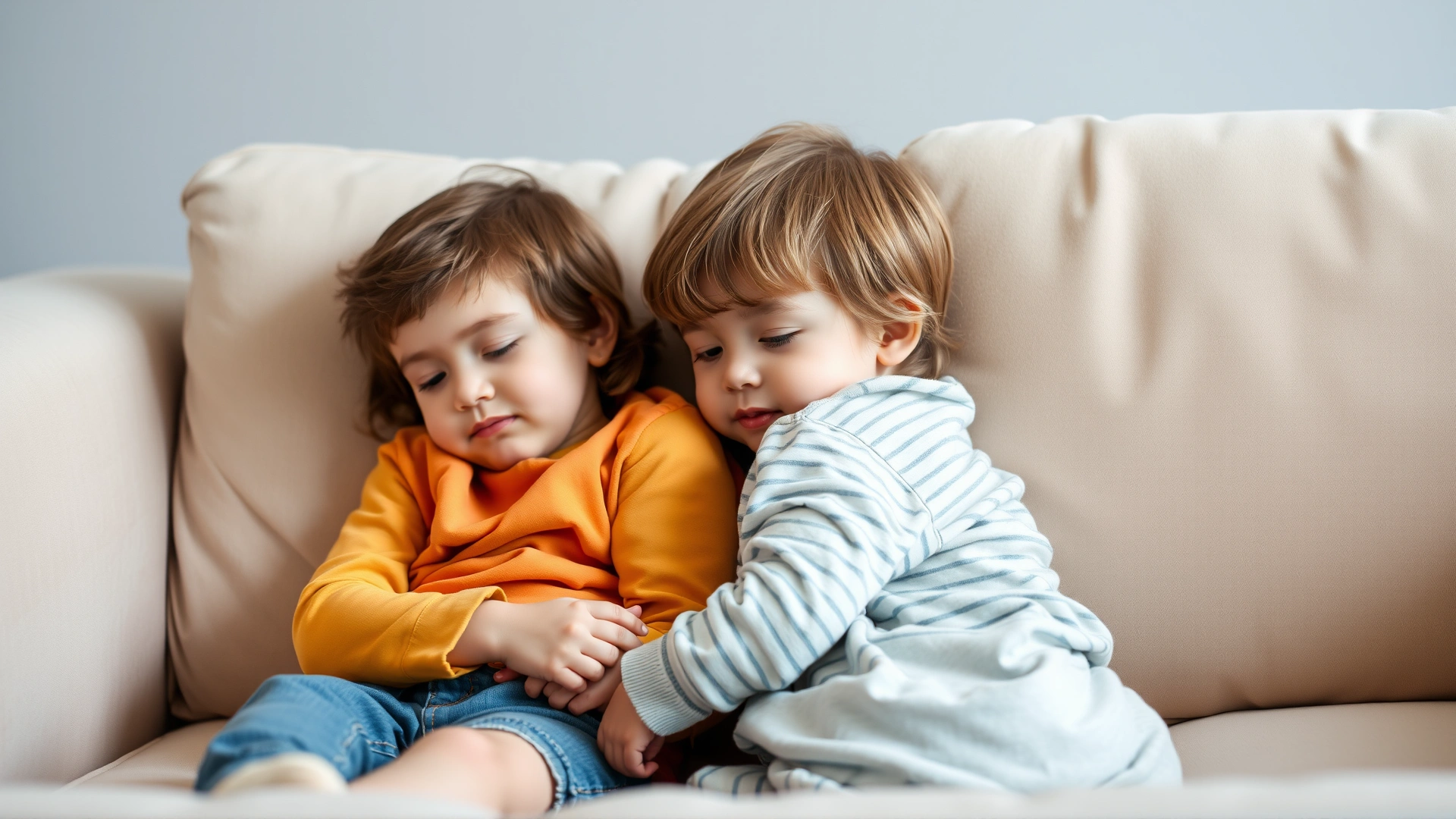 Two children cuddling on the couch with a calm Sheprador, showcasing family-friendly nature.
