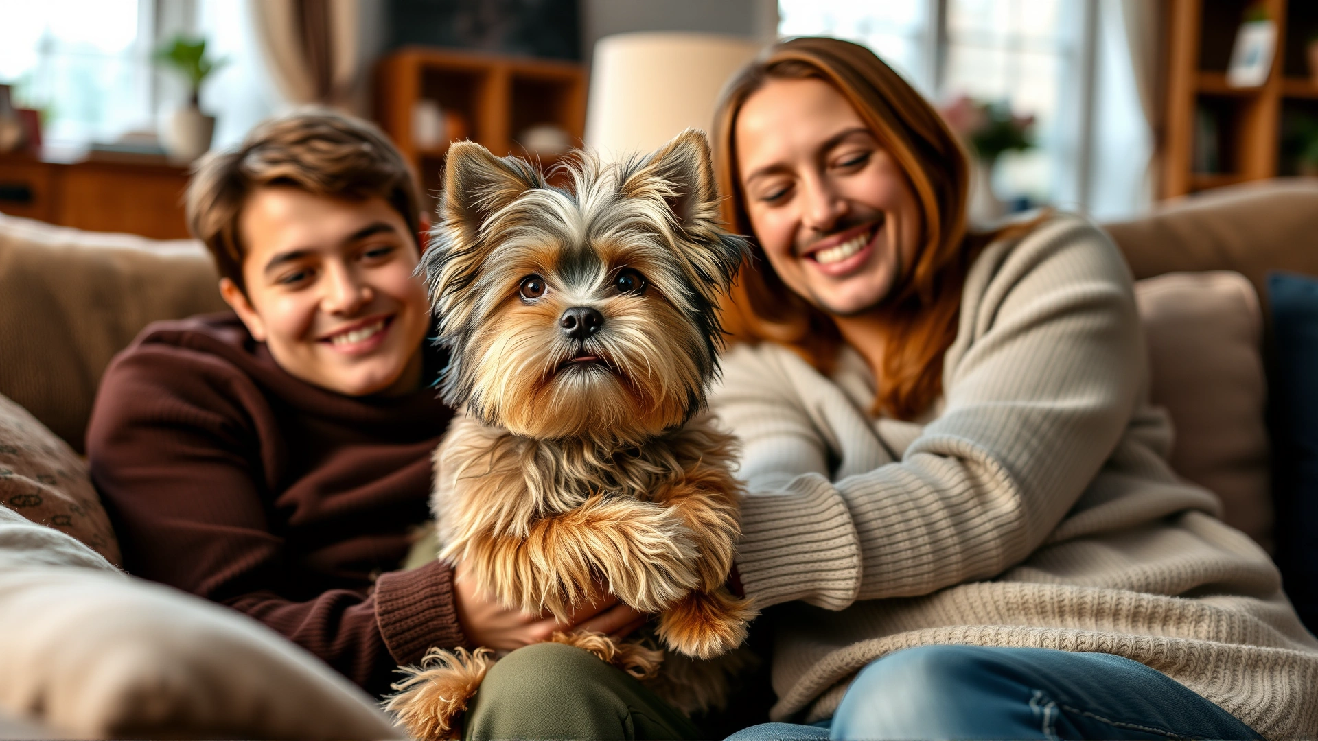 A Shorkie cuddling with a smiling family on a living-room sofa, warm indoor lighting, cozy home setting.