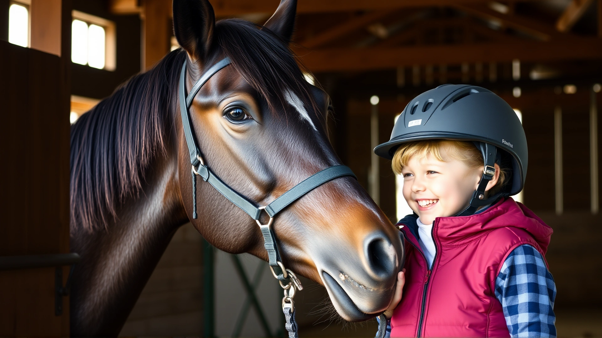 Gentle Morgan horse nuzzling a smiling child wearing riding gear inside a sunlit barn.