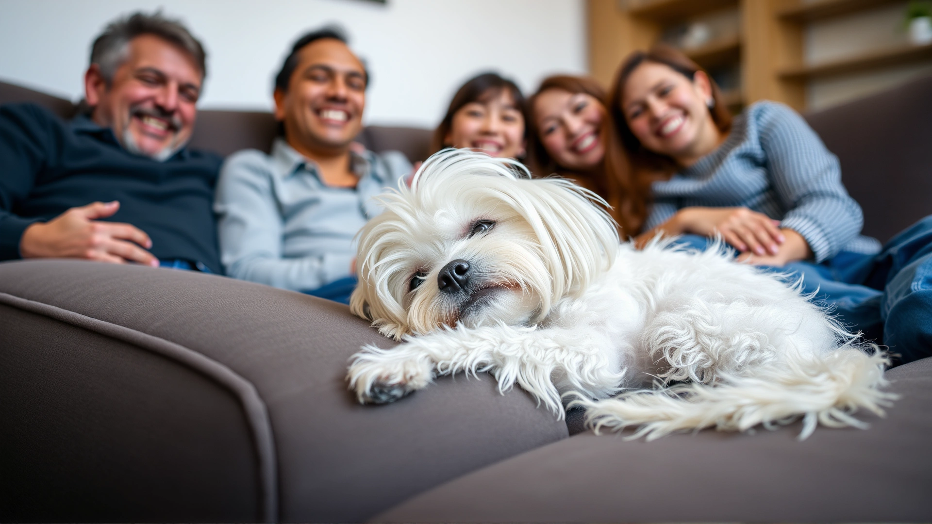 A Chinese Crested dog curled up on a living room couch with a smiling family, showcasing the breed's affectionate nature.