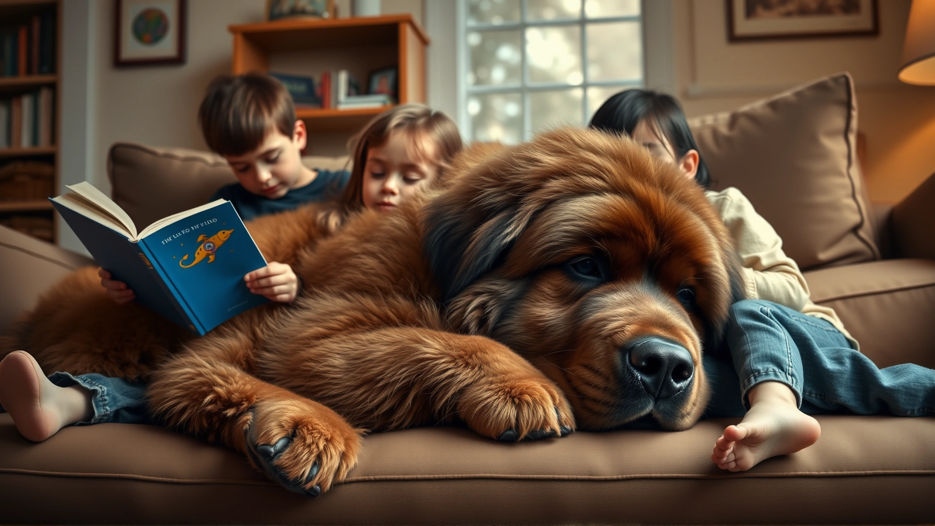 A Newfoundland dog lying peacefully with two children reading a book beside it in a cozy living room.